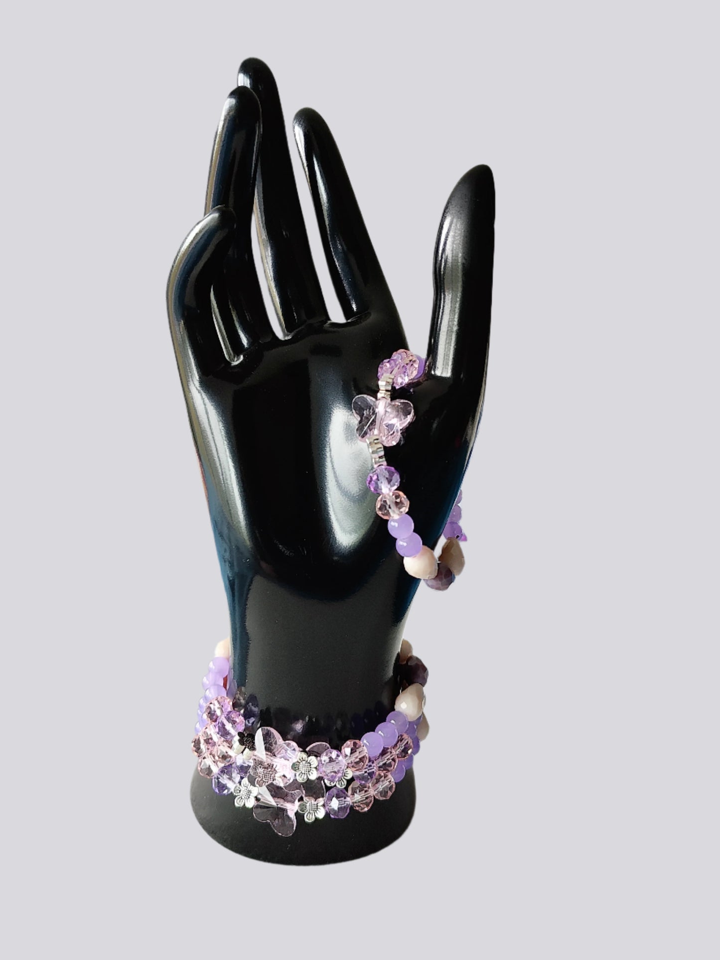 Bracelet - Elastic Crystal butterfly bead with pink and purple beads and flower metal spacer beads