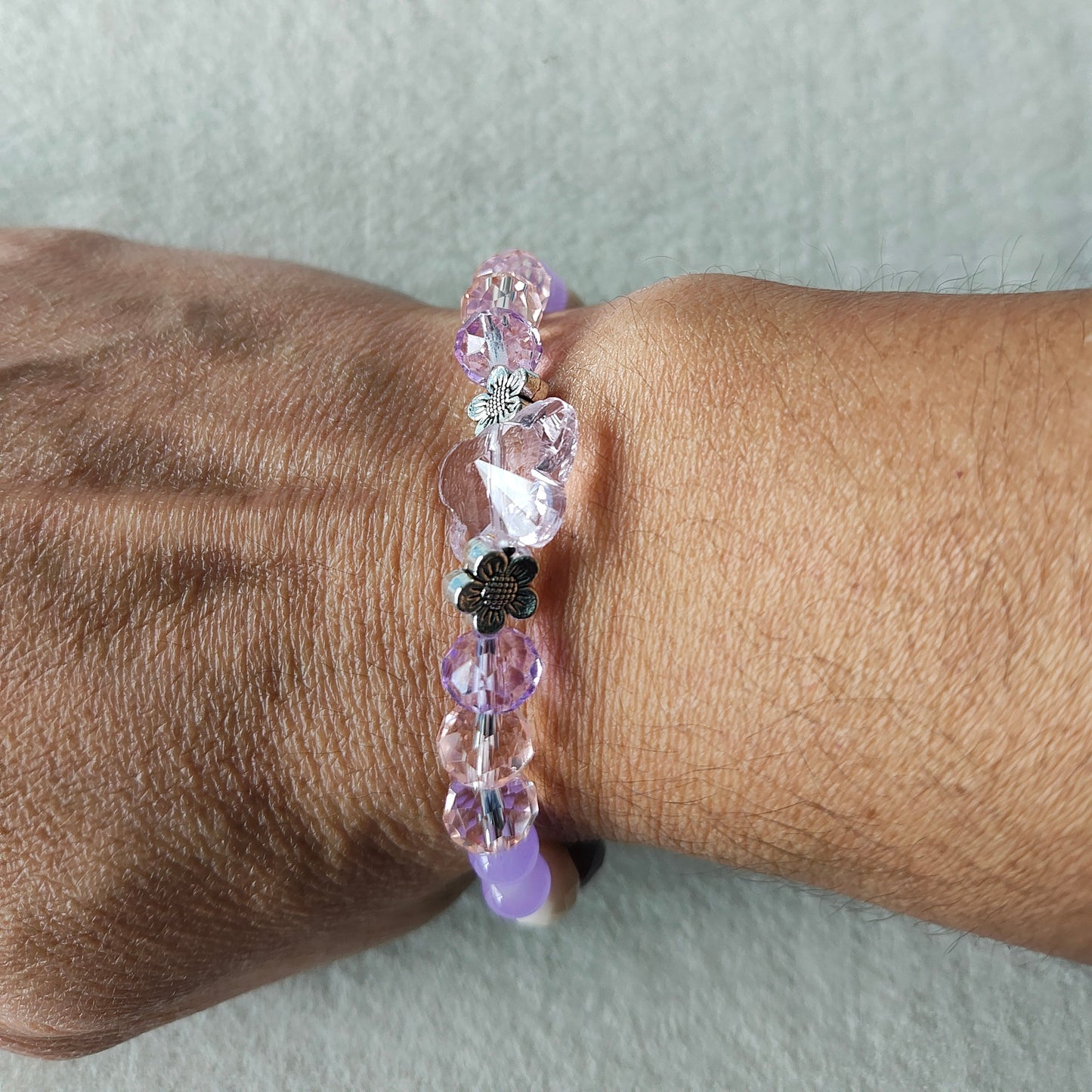 Bracelet - Elastic Crystal butterfly bead with pink and purple beads and flower metal spacer beads
