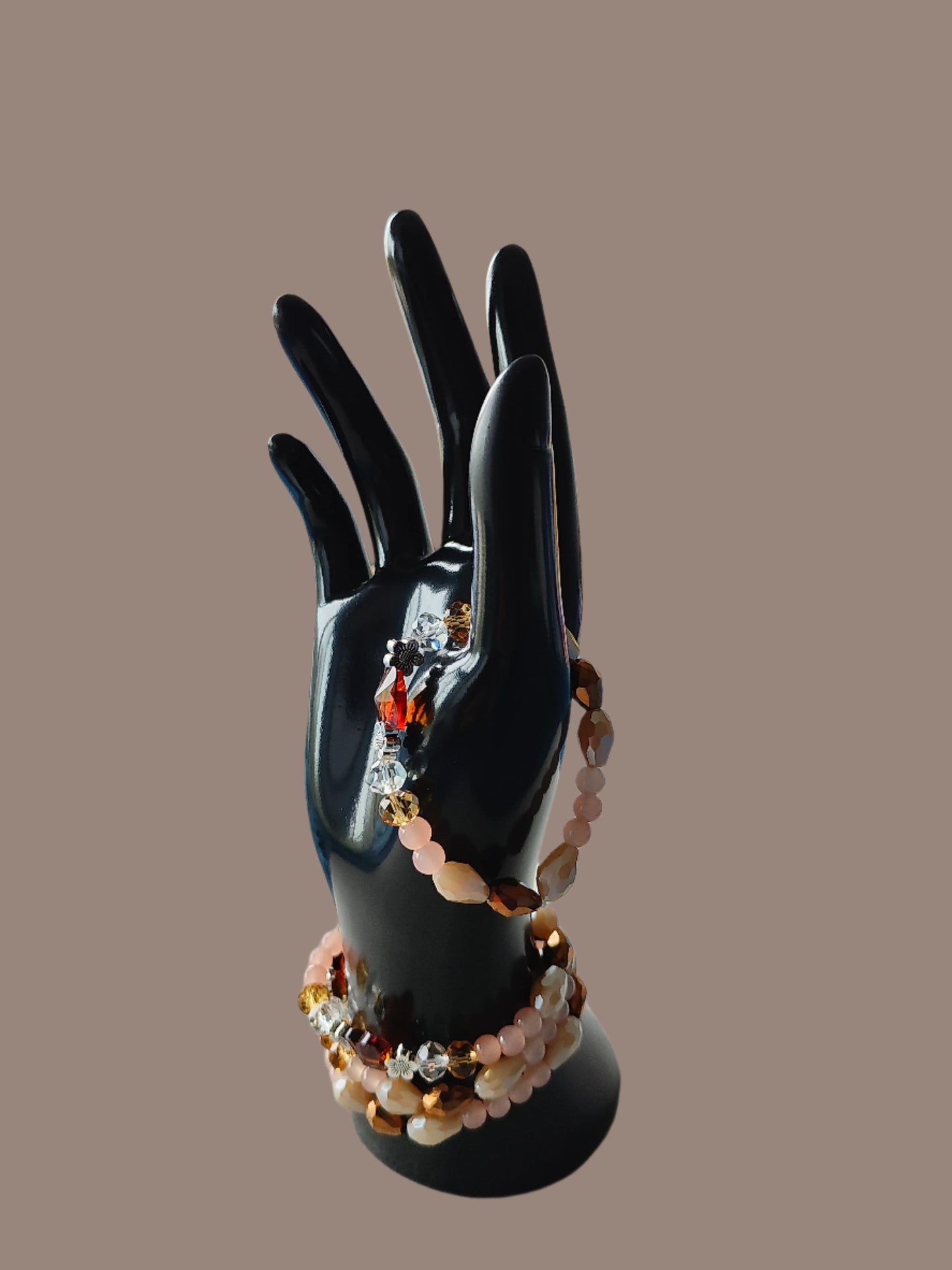 Bracelet - Elastic Crystal butterfly bead with brown, white, & pink beads and flower metal spacer beads