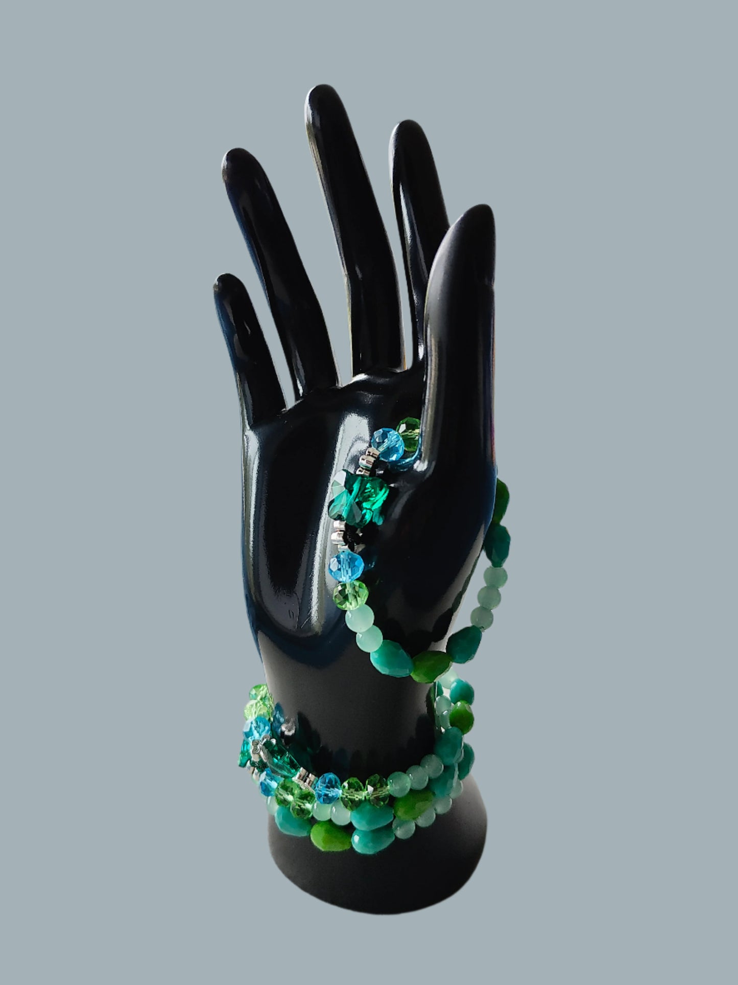 Bracelet - Elastic Crystal butterfly bead with blue and green beads and flower metal spacer beads