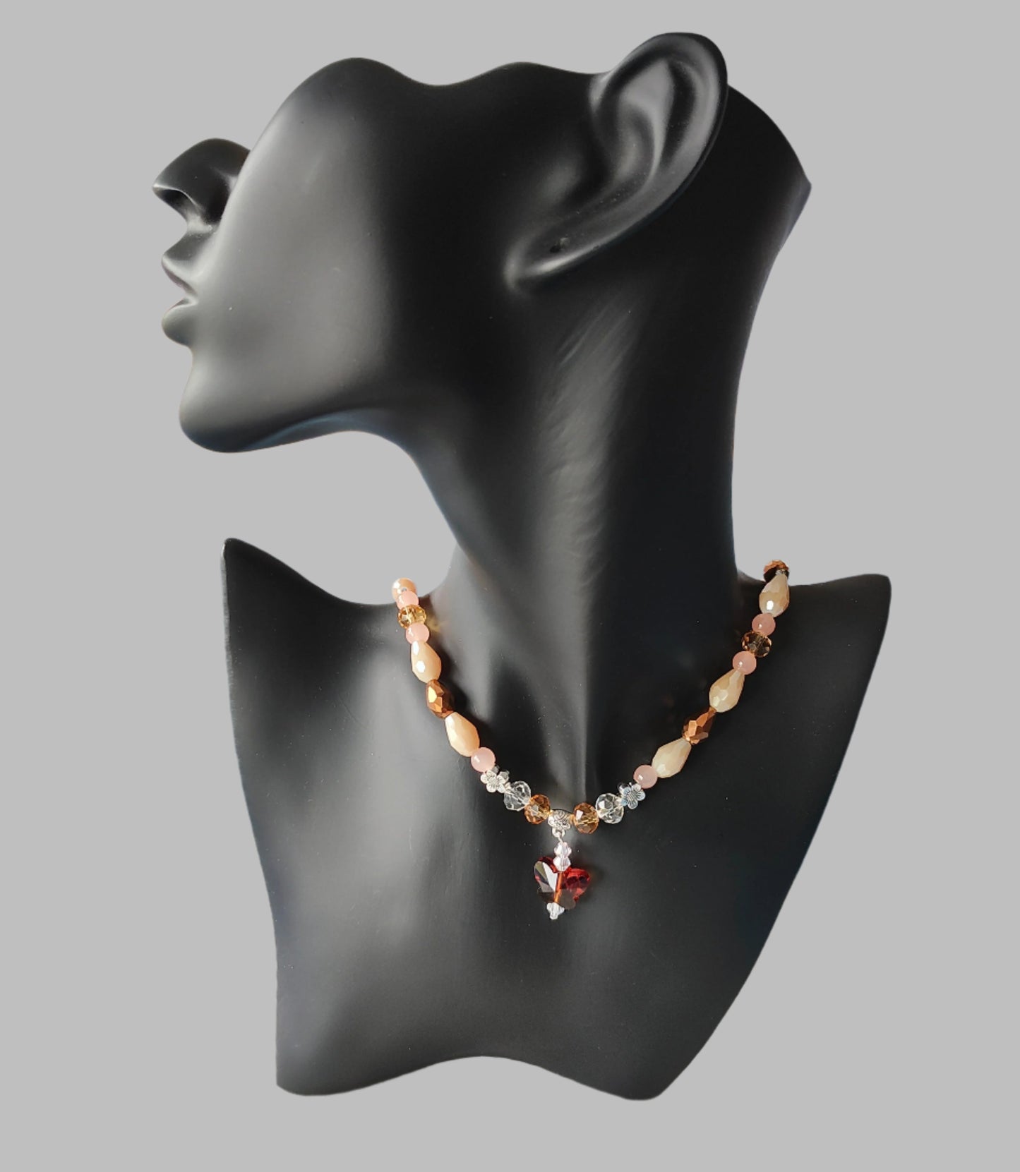 Necklace - 19.5 inches with crystal butterfly and glass beads and metal flower beads