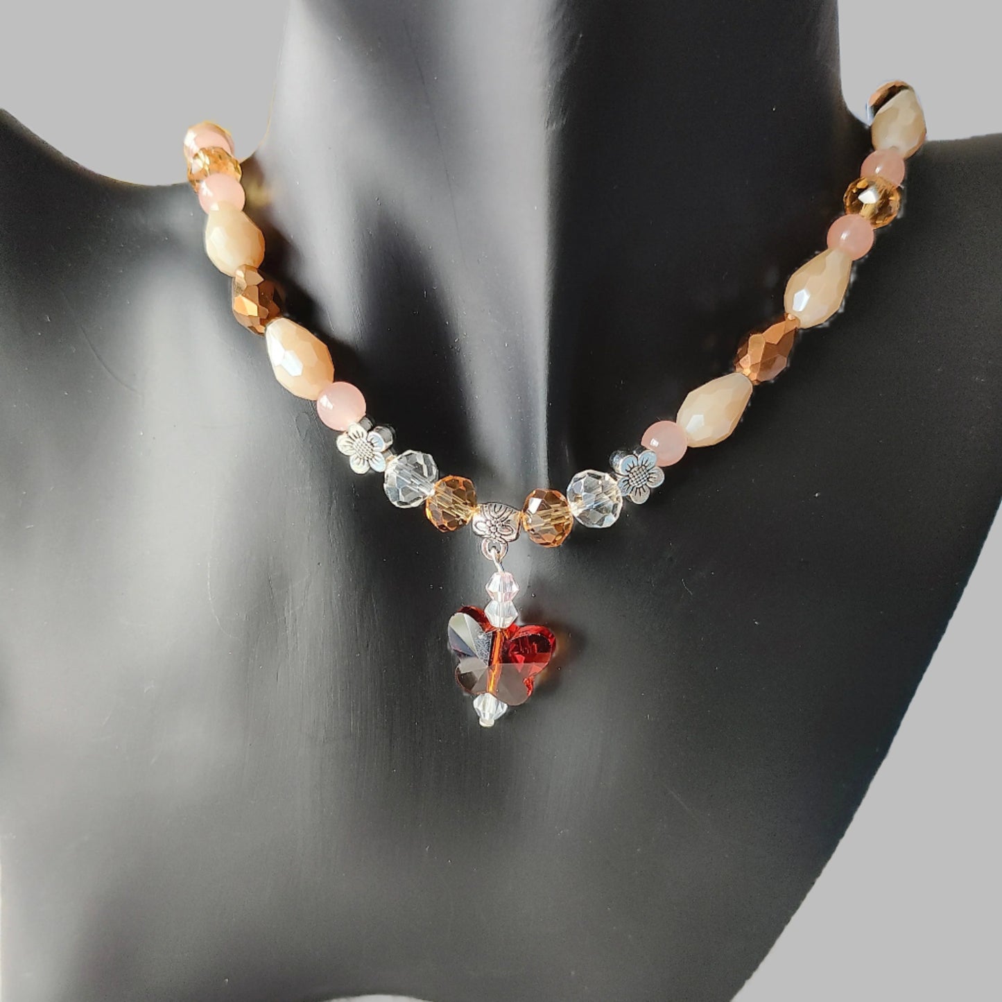 Necklace - 19.5 inches with crystal butterfly and glass beads and metal flower beads