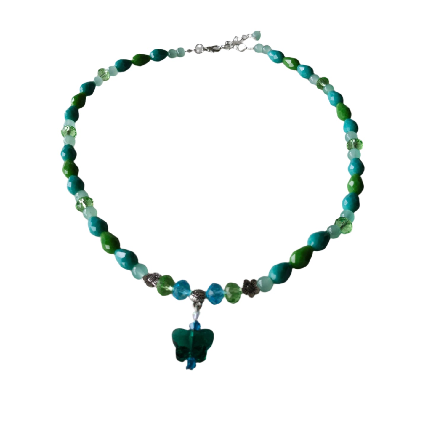 Necklace - 19.5 inches with crystal butterfly and glass beads and metal flower beads