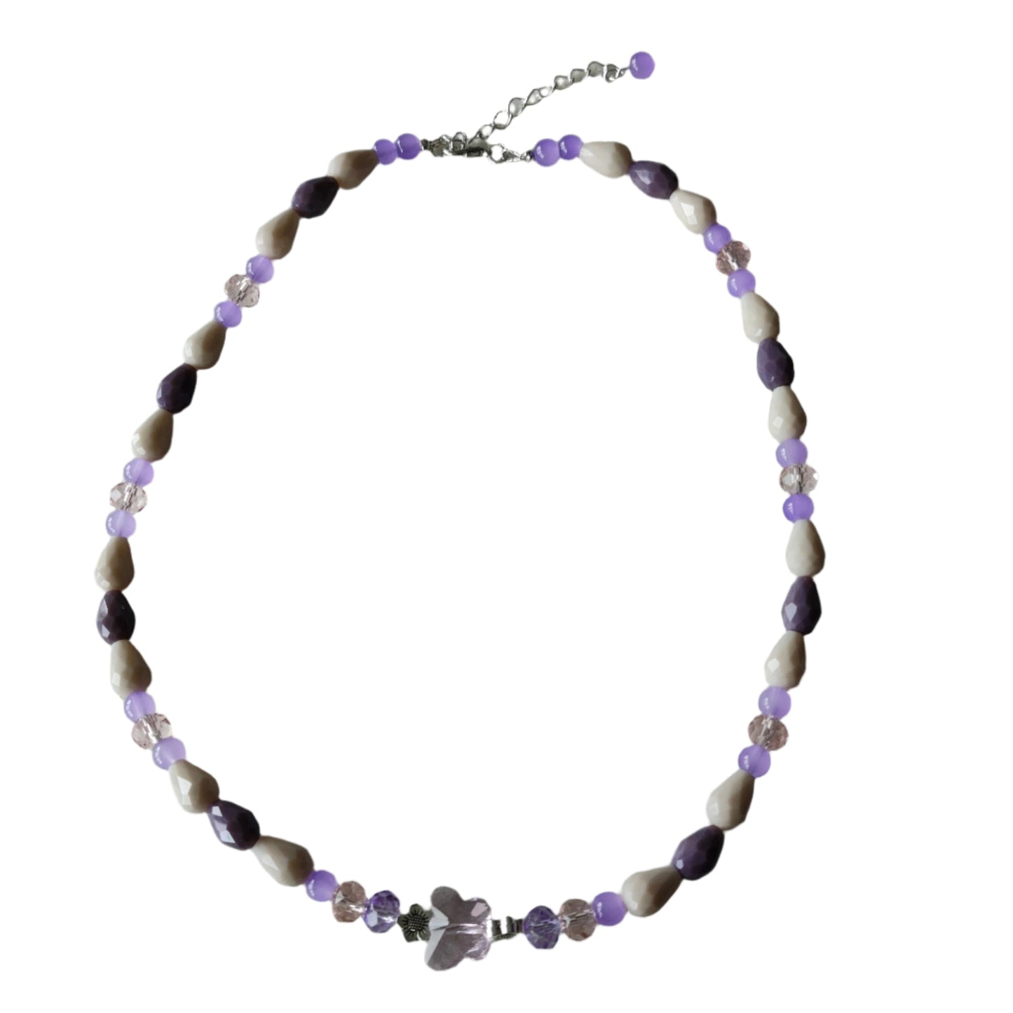 Necklace - 19.5 inches with crystal butterfly and glass beads and metal flower beads