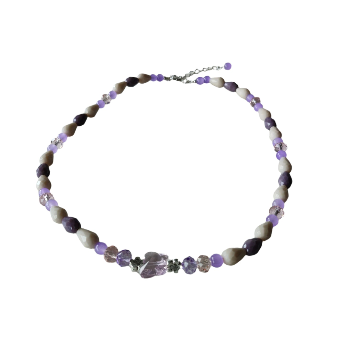 Necklace - 19.5 inches with crystal butterfly and glass beads and metal flower beads