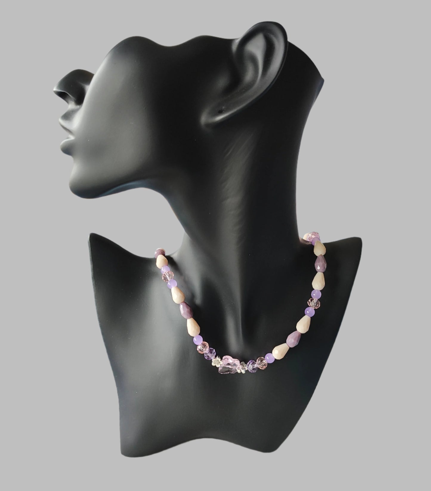 Necklace - 19.5 inches with crystal butterfly and glass beads and metal flower beads