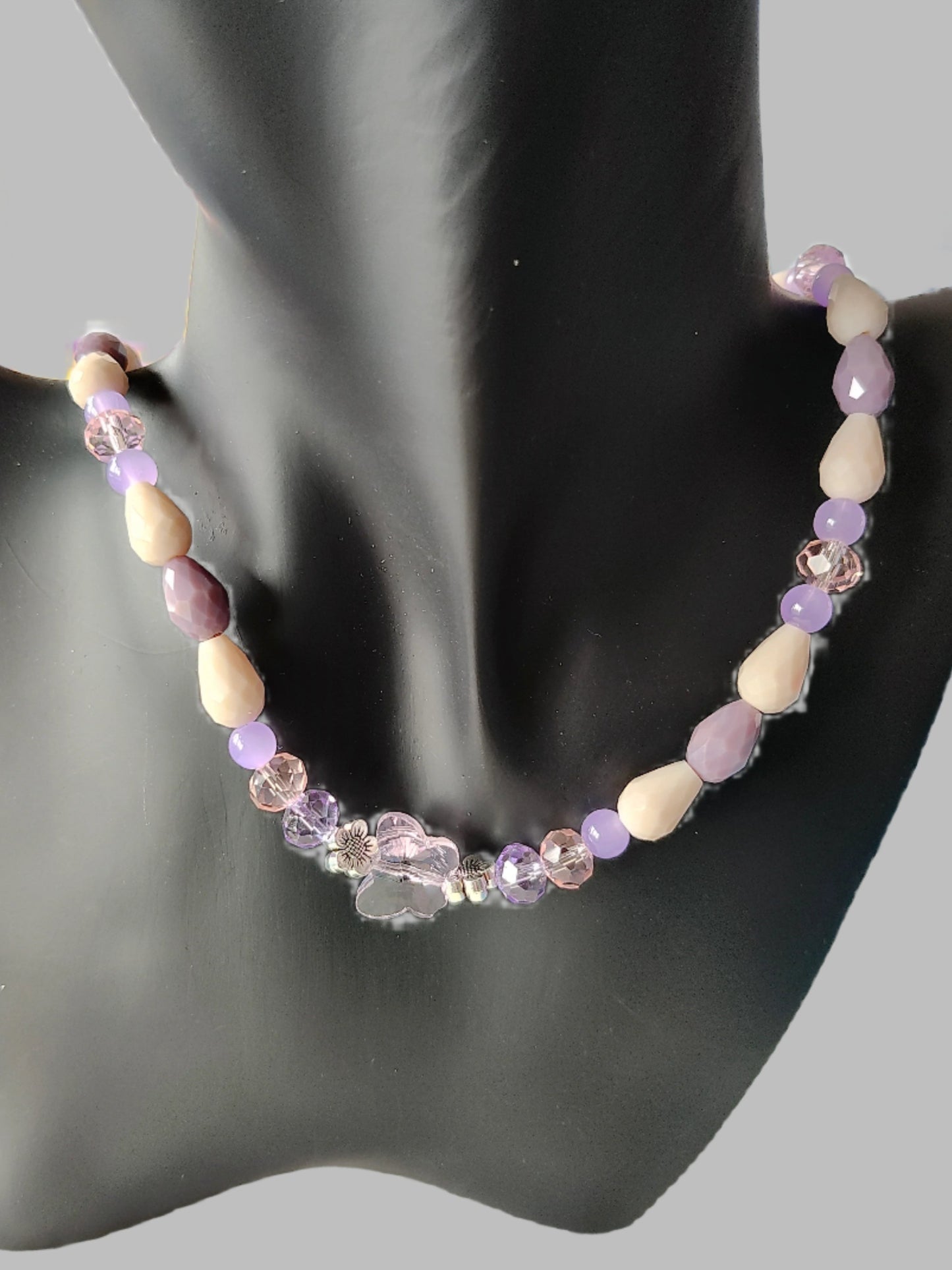 Necklace - 19.5 inches with crystal butterfly and glass beads and metal flower beads