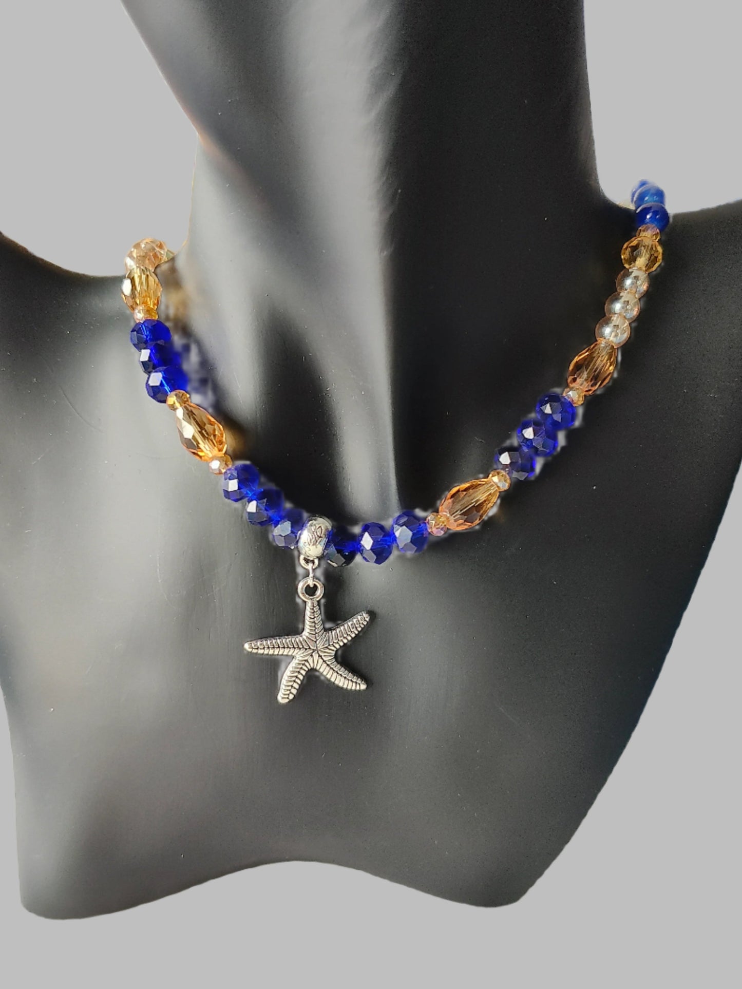Necklace - Silver starfish charm with blue and gold crystal and glass beads