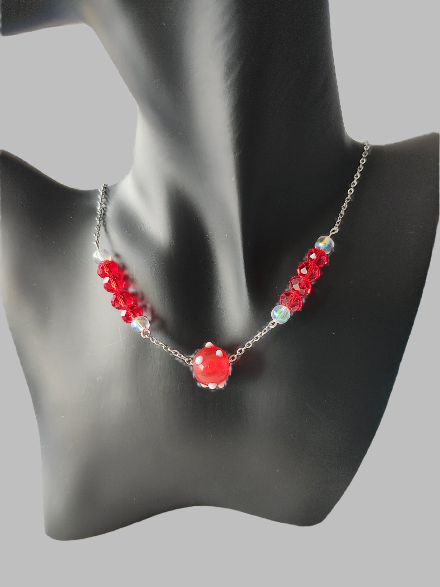 Necklace - 21.5 inches 6mm glass beads and 8mm crystal beads on a silver chain with accent glass bead