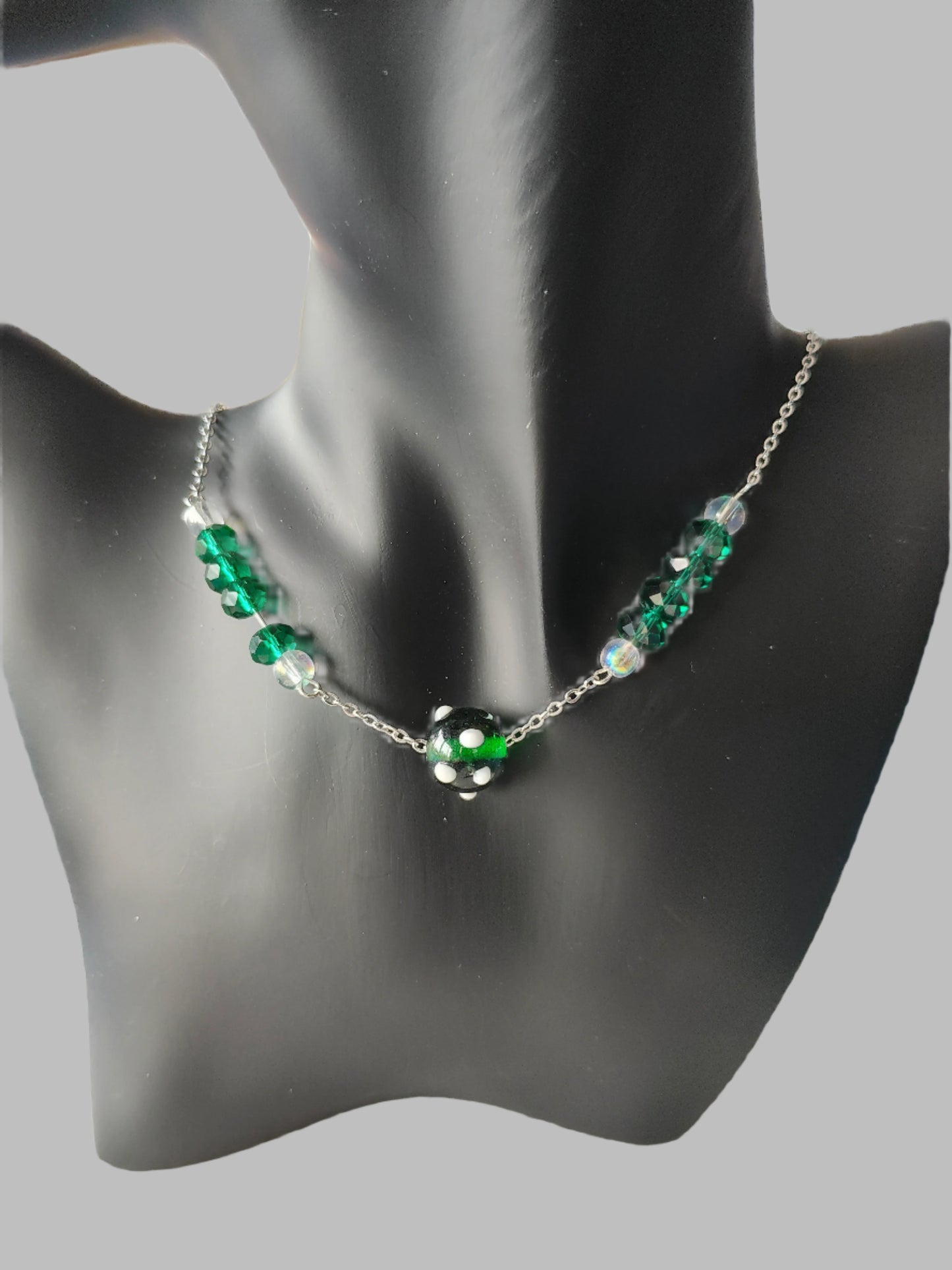 Necklace - 21.5 inches 6mm glass beads and 8mm crystal beads on a silver chain with accent glass bead