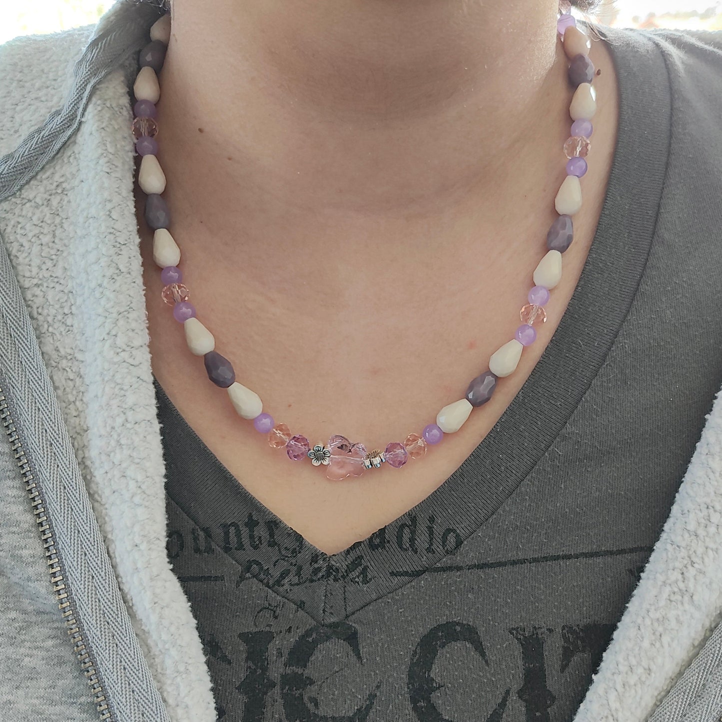 Necklace - 19.5 inches with crystal butterfly and glass beads and metal flower beads
