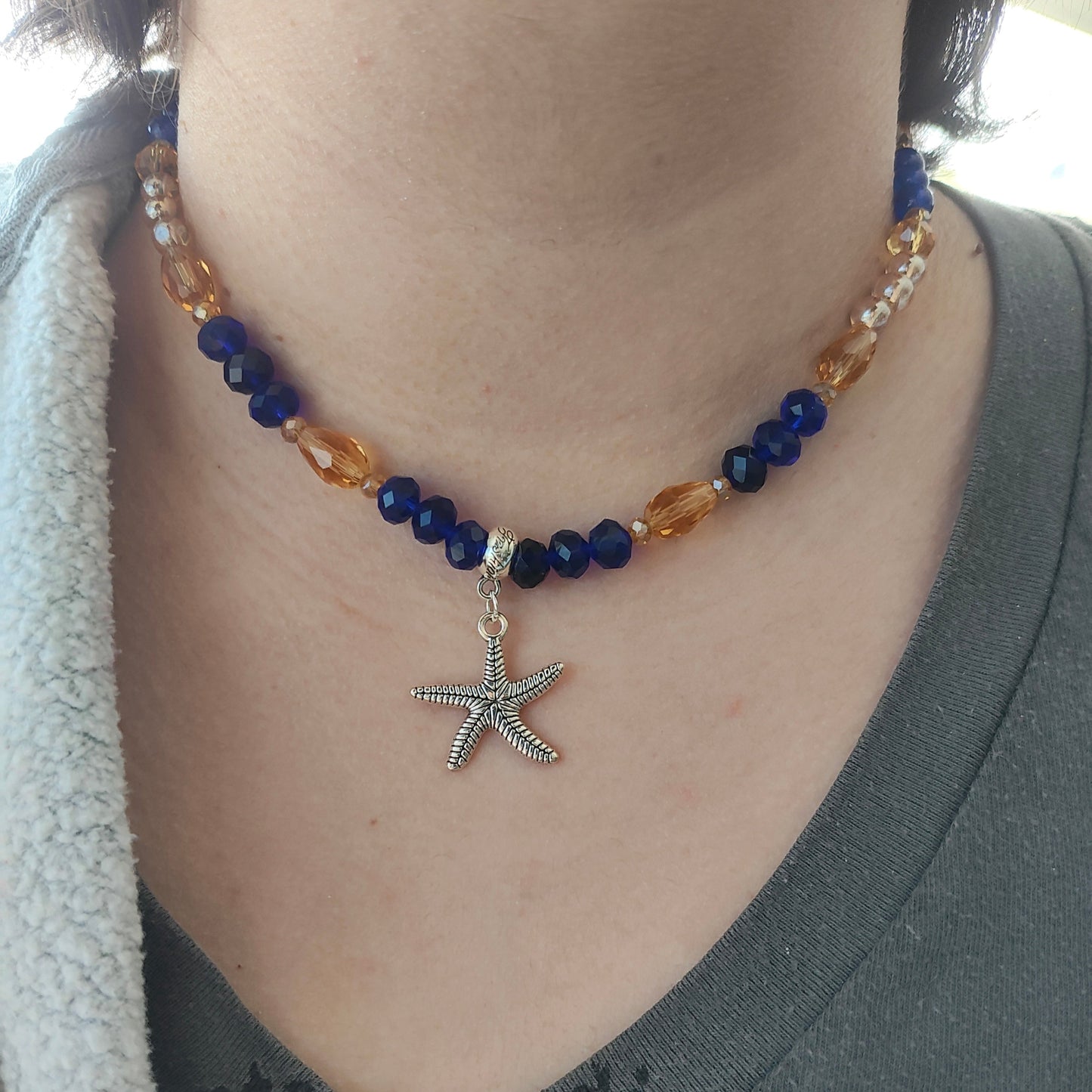Necklace - Silver starfish charm with blue and gold crystal and glass beads