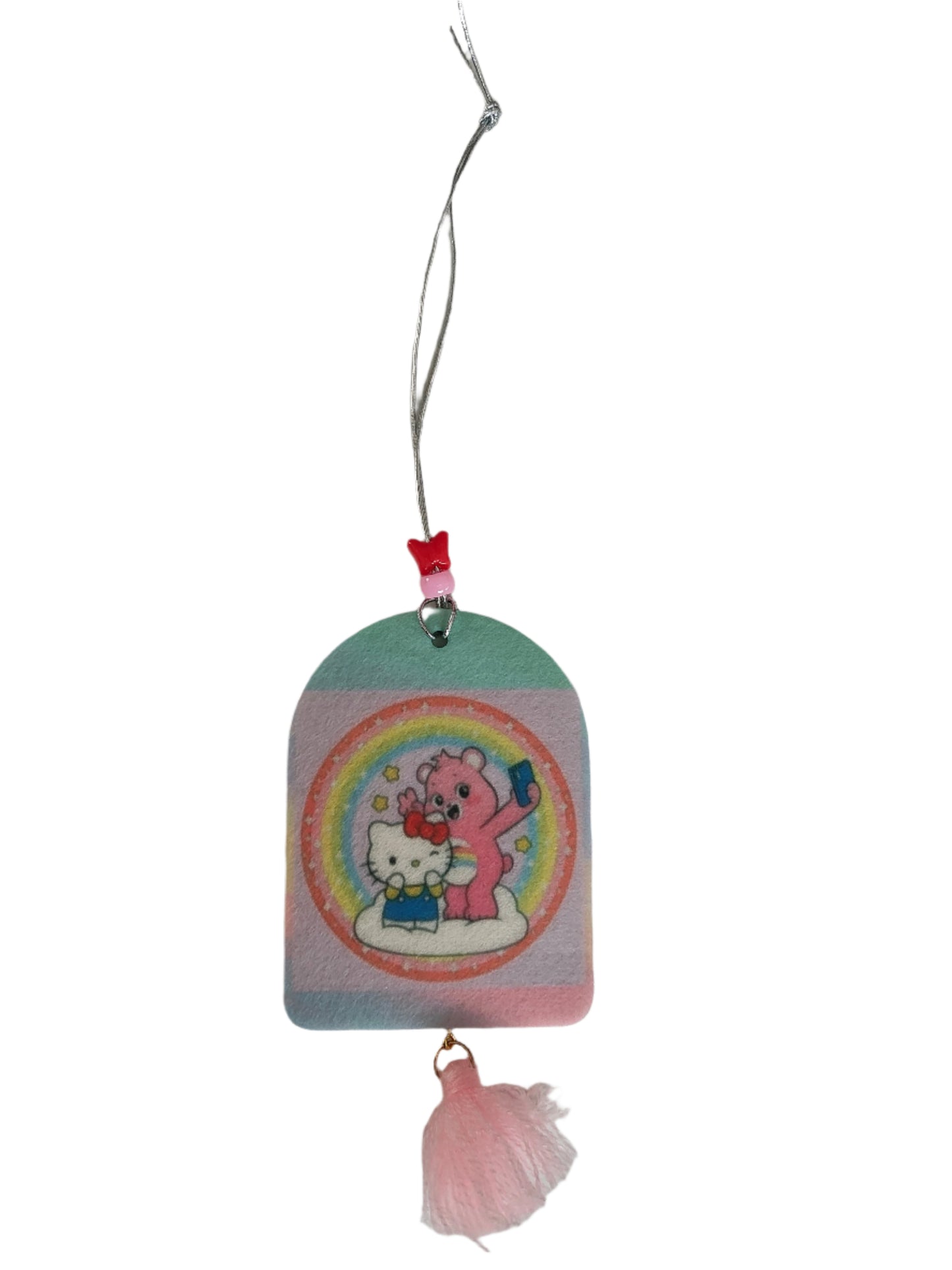 Car Ornament - Double sided round top rectangle pink care bear & Hello Kitty