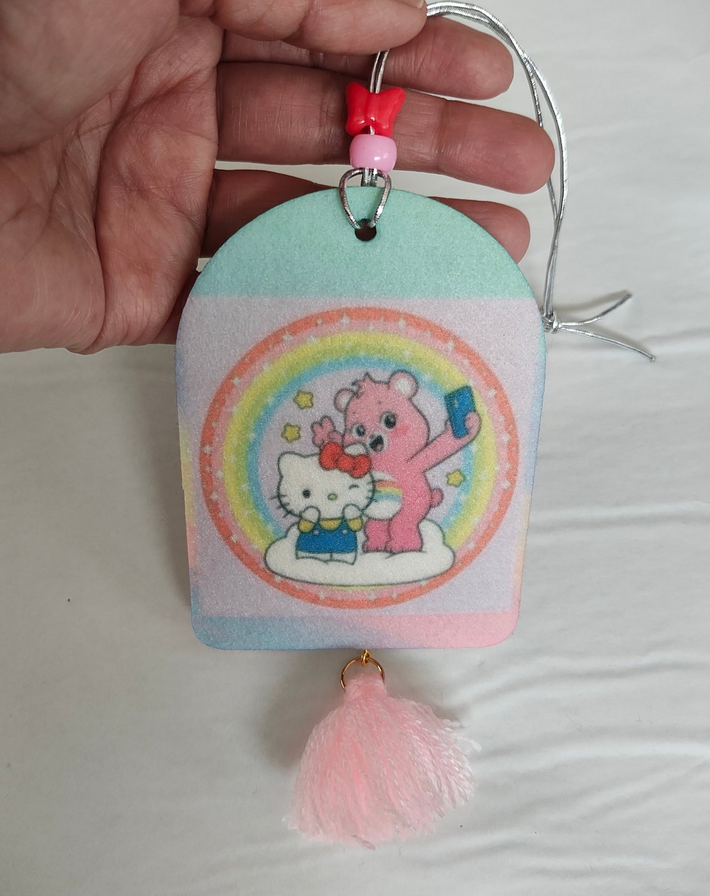 Car Ornament - Double sided round top rectangle pink care bear & Hello Kitty