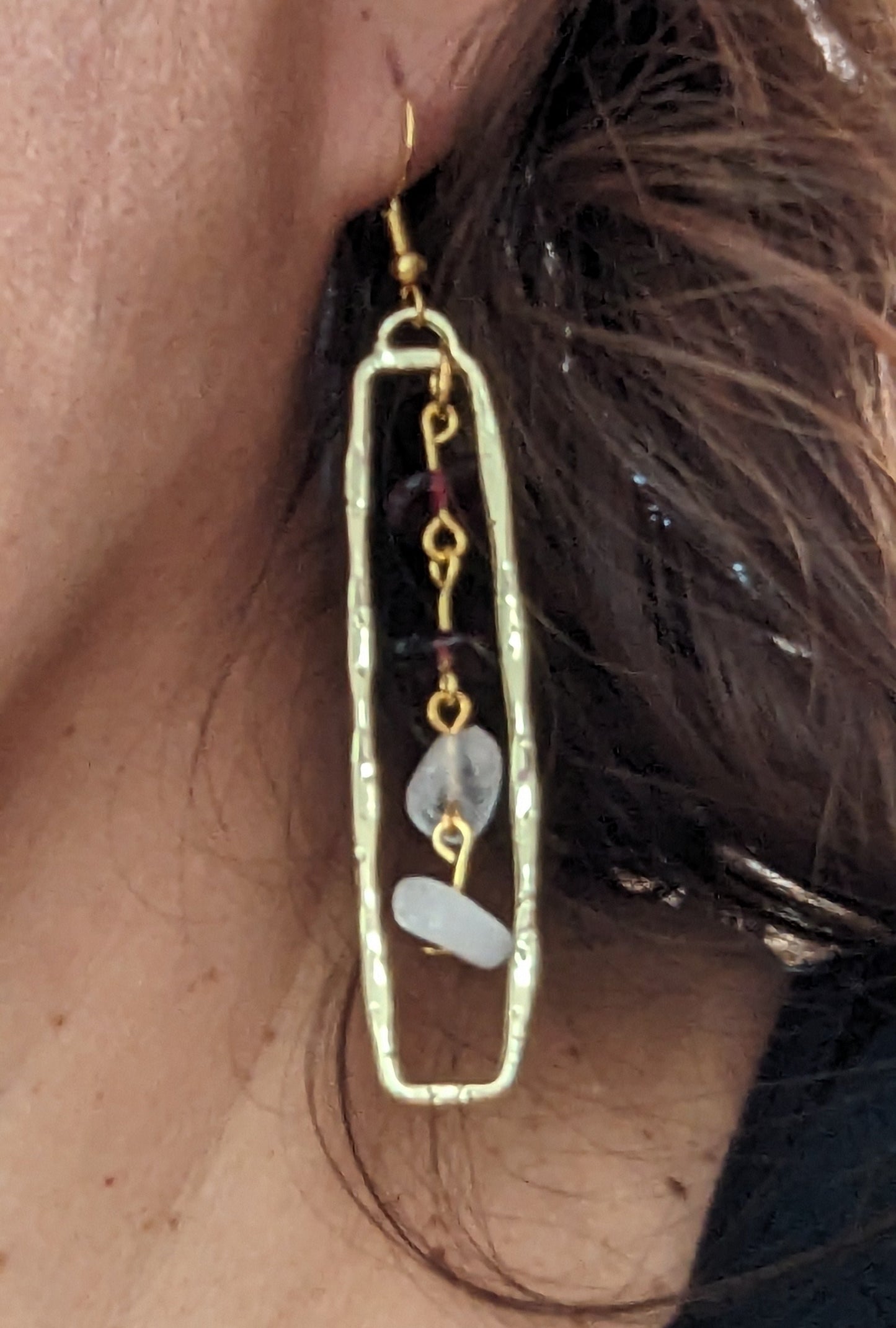Earrings - Golden geometric long rectangle with glass beads on hook