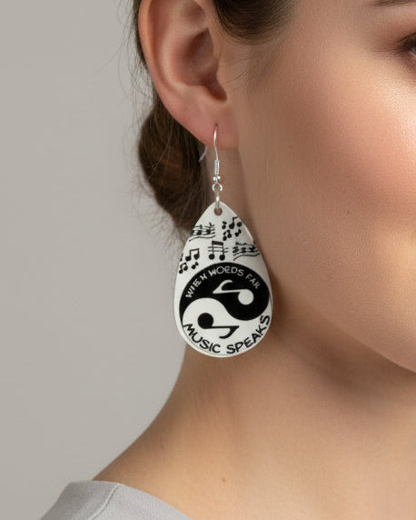 Earrings - Double sided sublimated "when words fail, music speaks" image on silver hook
