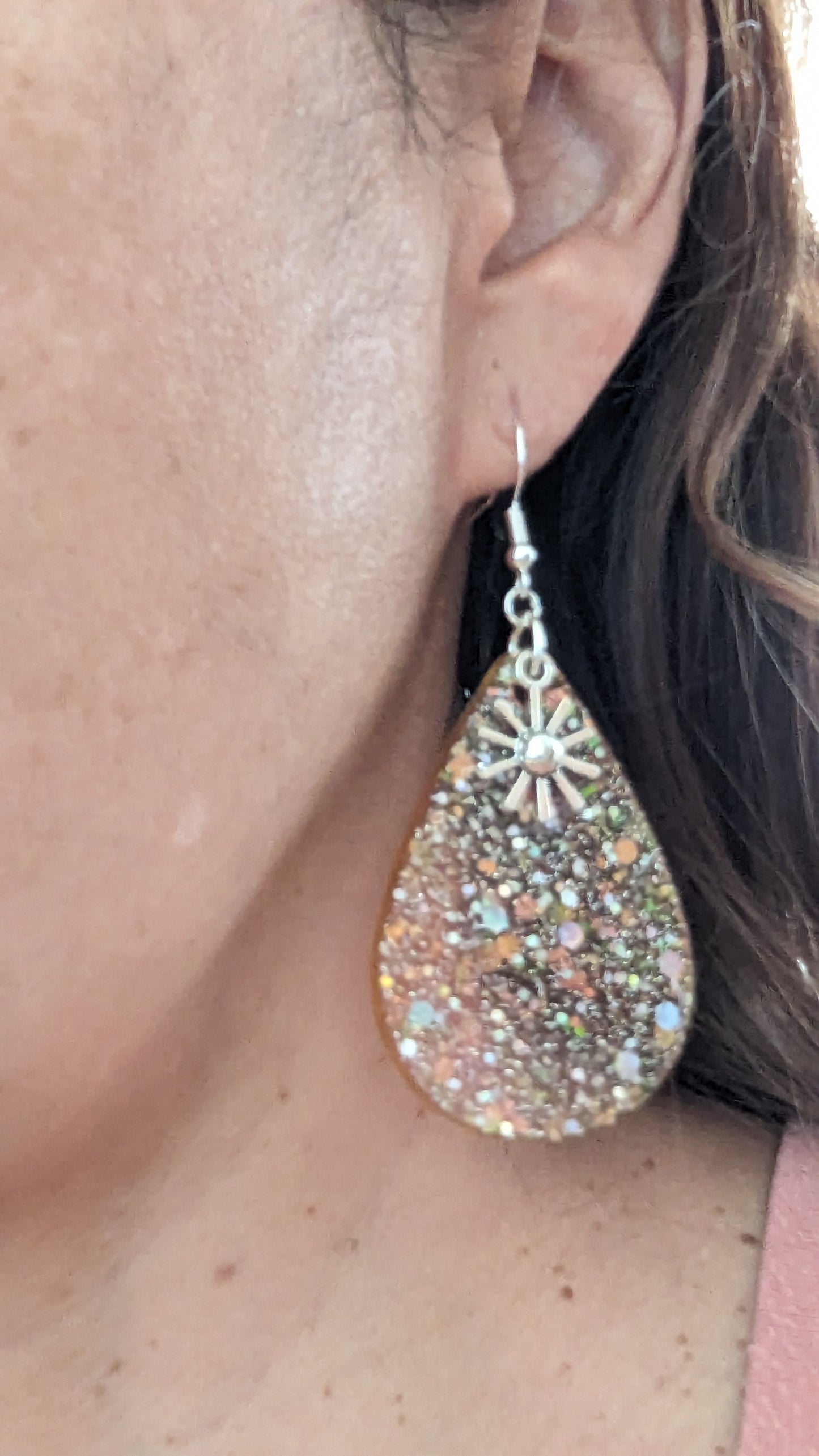 Earrings - Resin teardrop with silver charm on hook