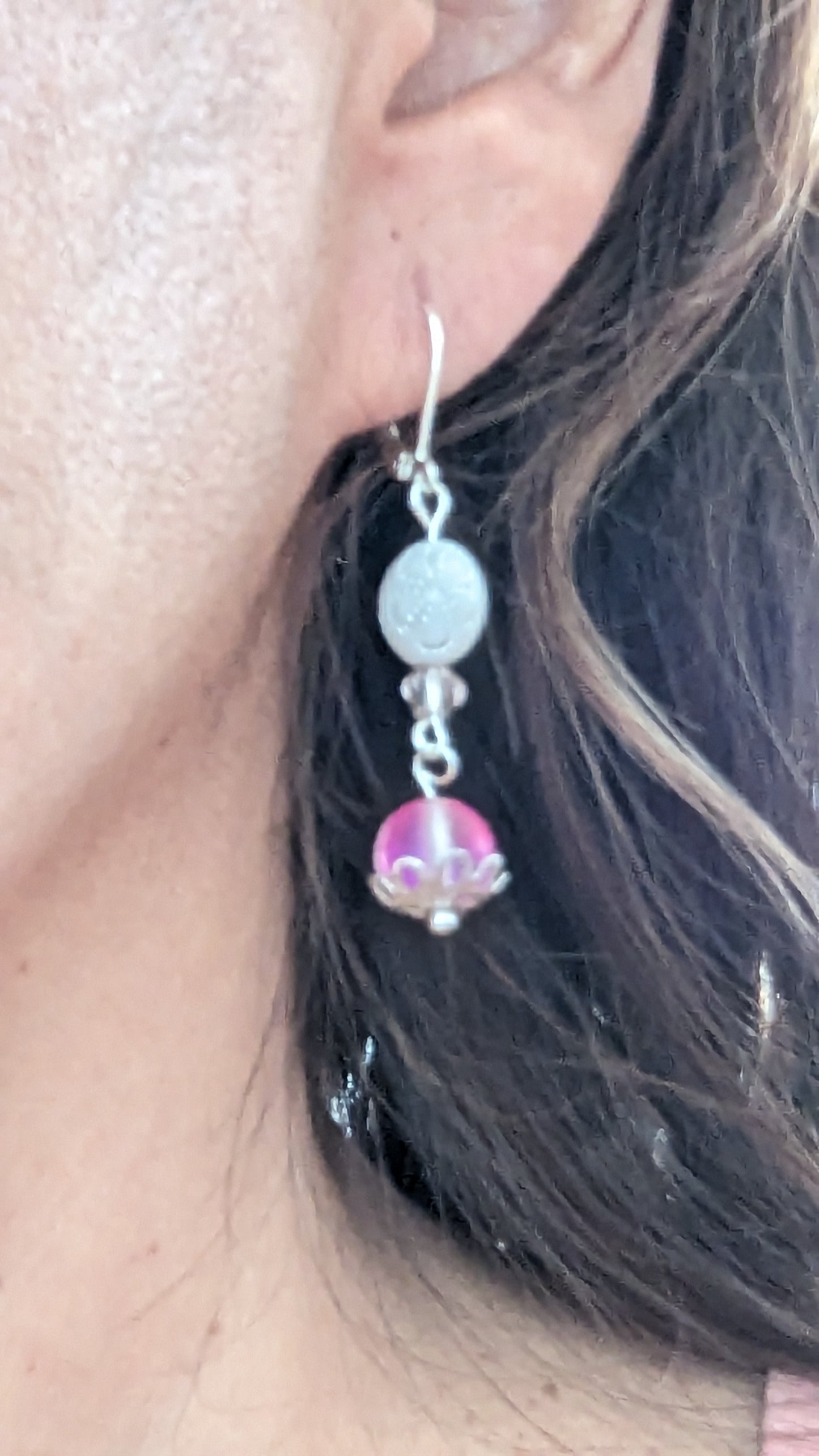 Earrings - rainbow glass bead with white flower bead on silver lever back french hook