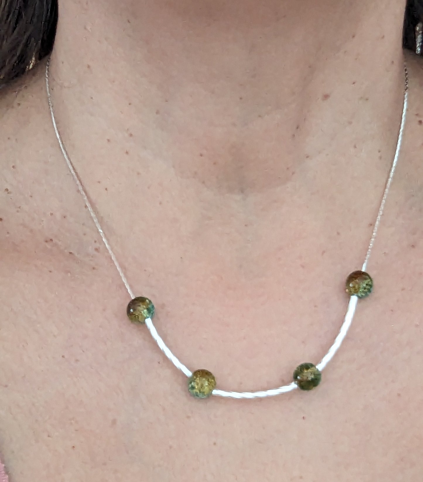 Necklace - 17 inches silver plated brass copper beading snake flat chain with glass blue/brown beads and silver small curved tubes