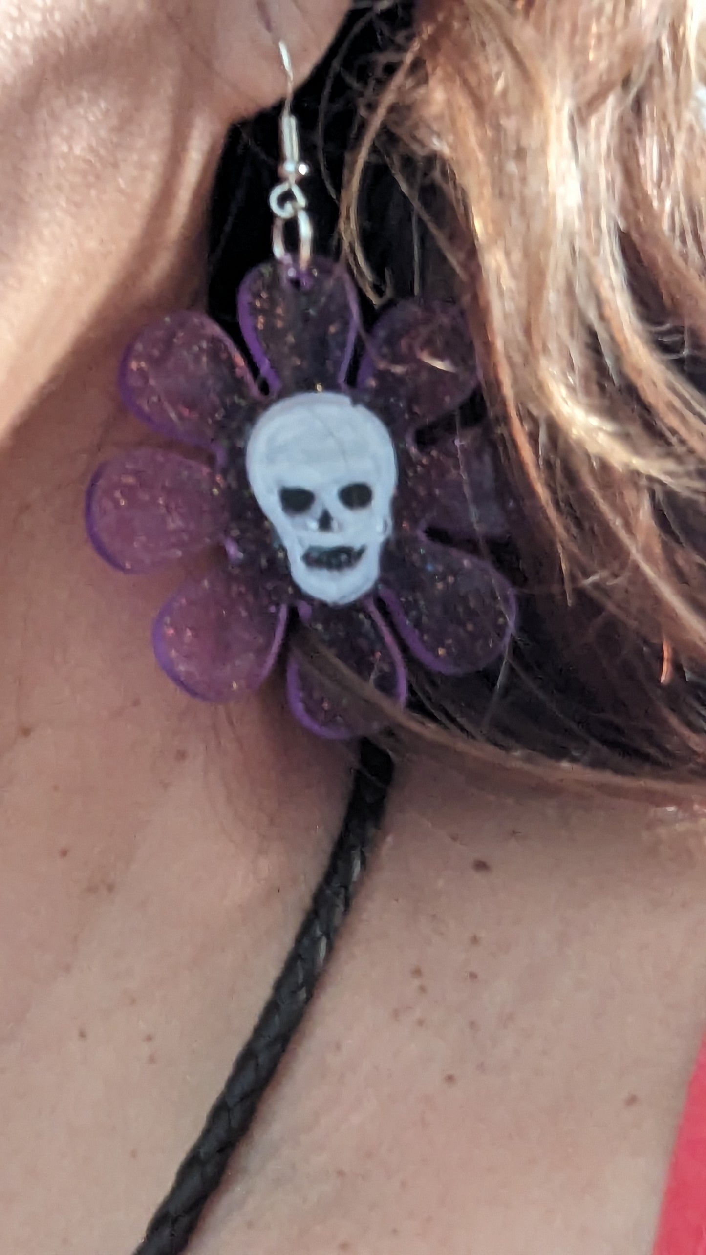 Earrings - Resin flower with skeleton face on hook