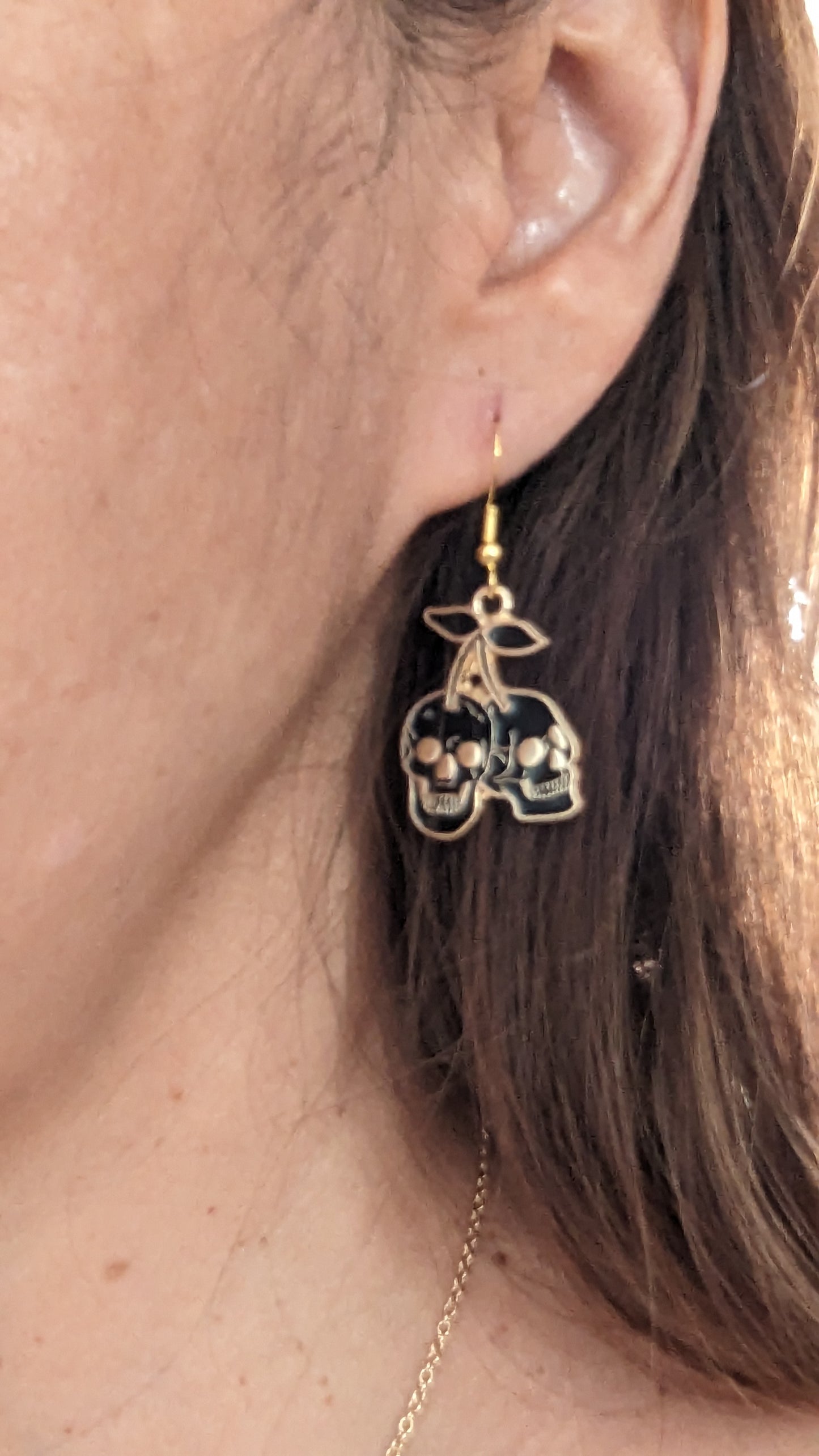 Earrings - Skeleton face cherries on hook