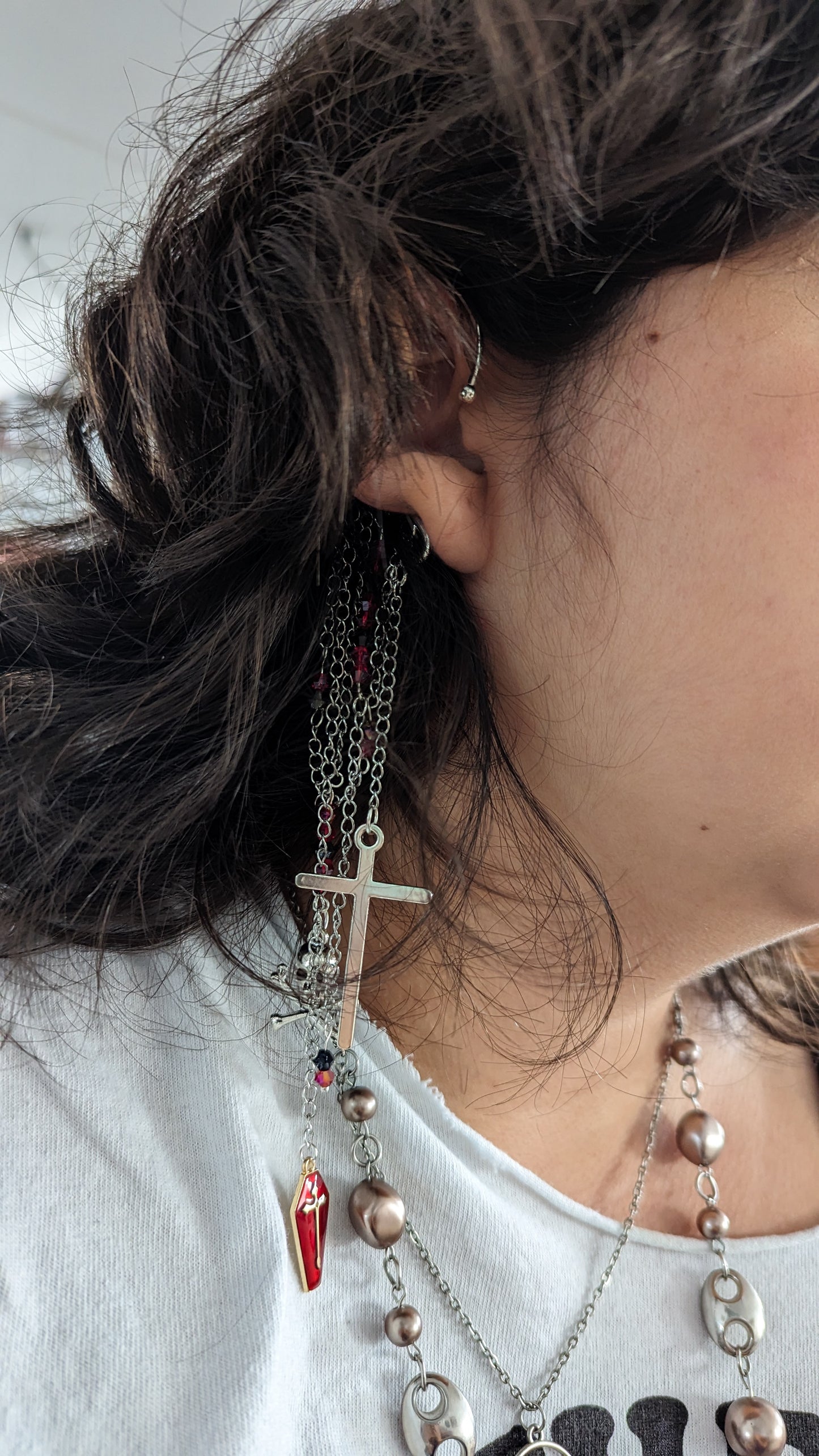 Gothic Cross and Skull Coffin Ear Cuff Non-Pierced Chain Wrap Earring