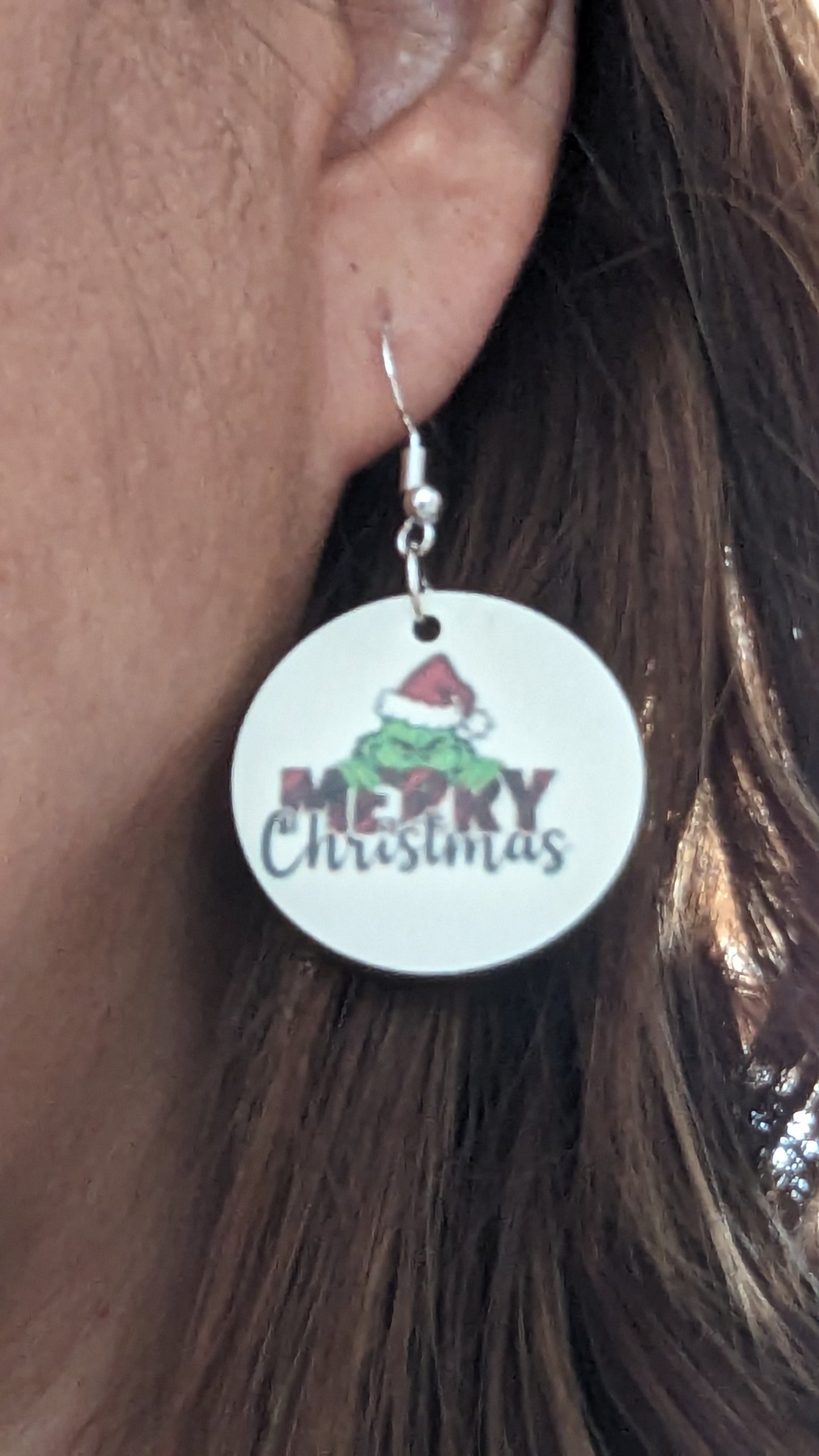 Earrings - Round double sided sublimated Merry Christmas Grinch on silver hook