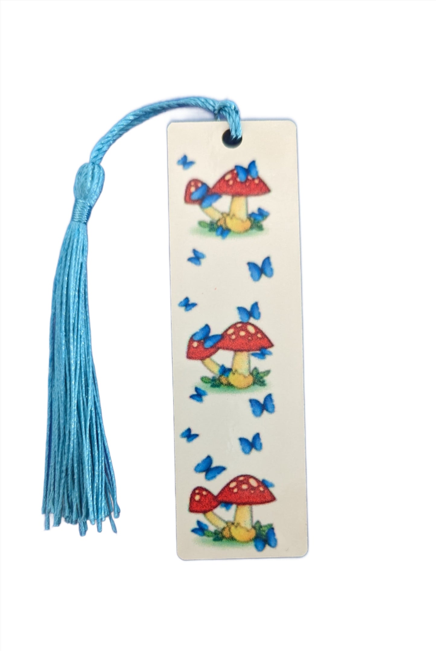 Bookmark - Sublimated double sided tassel bookmark (red mushrooms, blue butterflies)