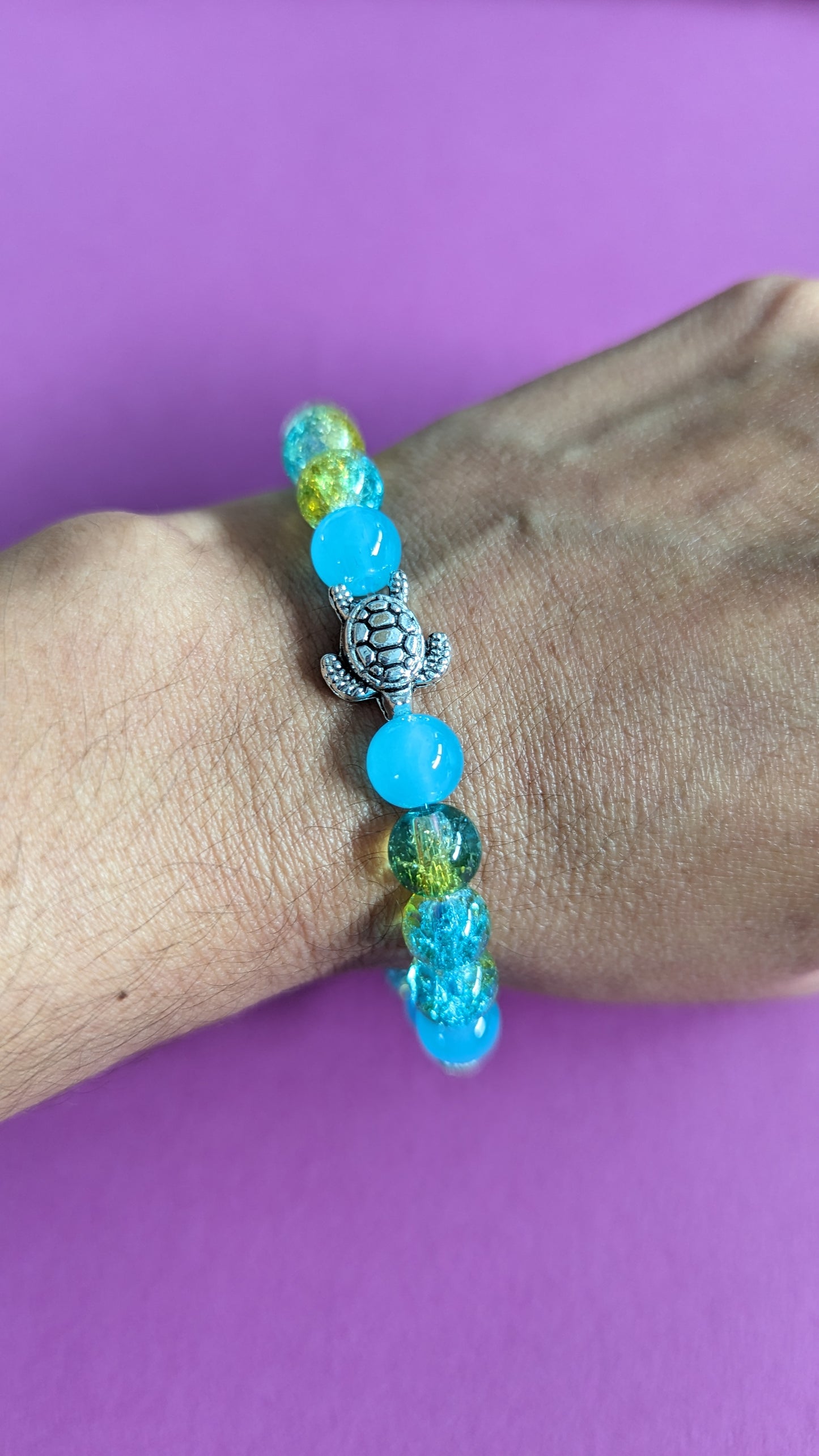 Bracelet - Large 8 inches Elastic 8mm glass beads with silver metal spacer beads