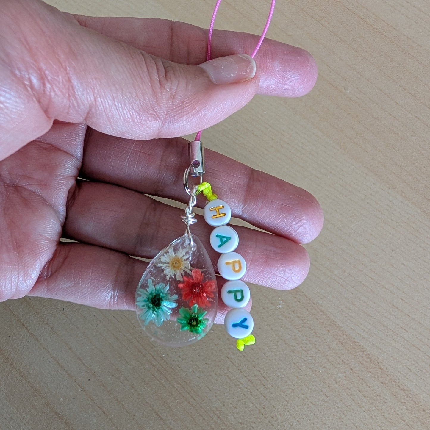 Phone charm - Resin charm with dried flowers and beads