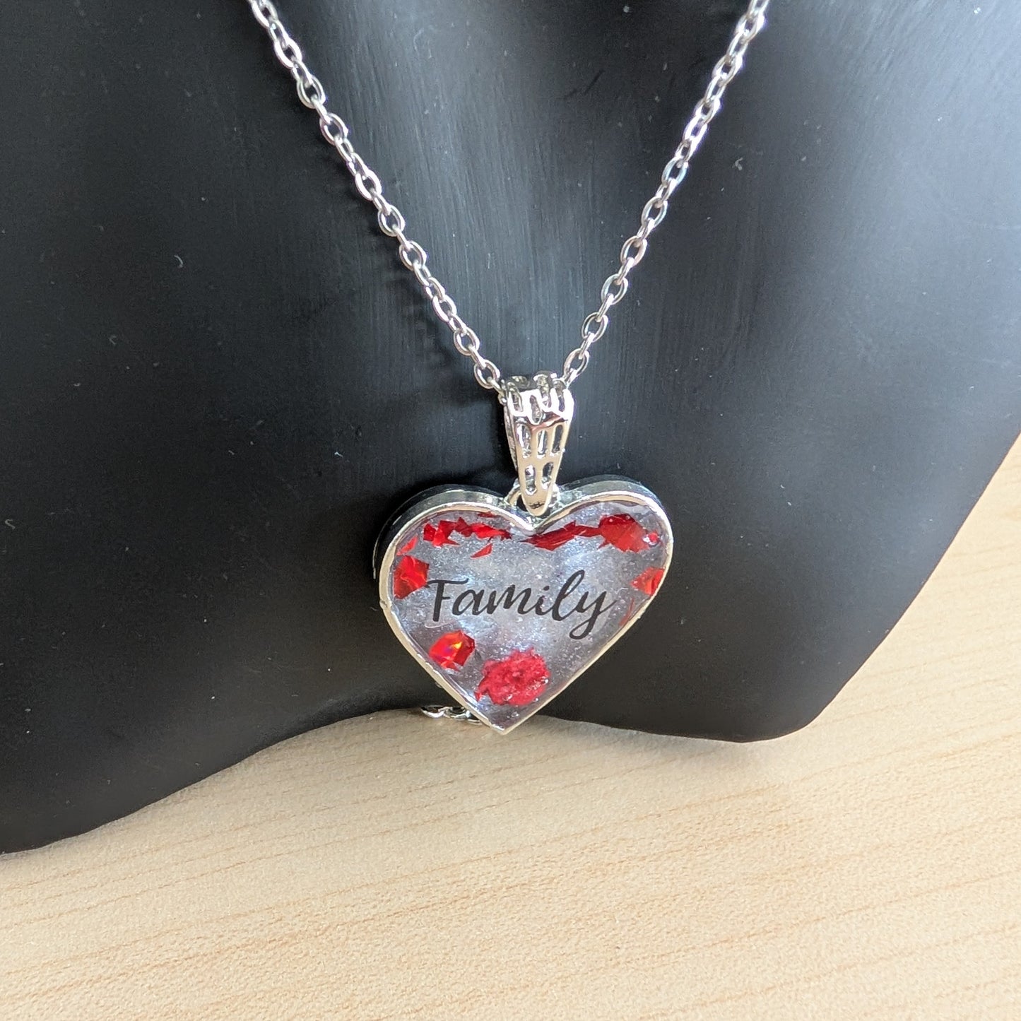 Necklace - 21 inches stainless steel cable link chain with a family resin and flowers silver heart pendant