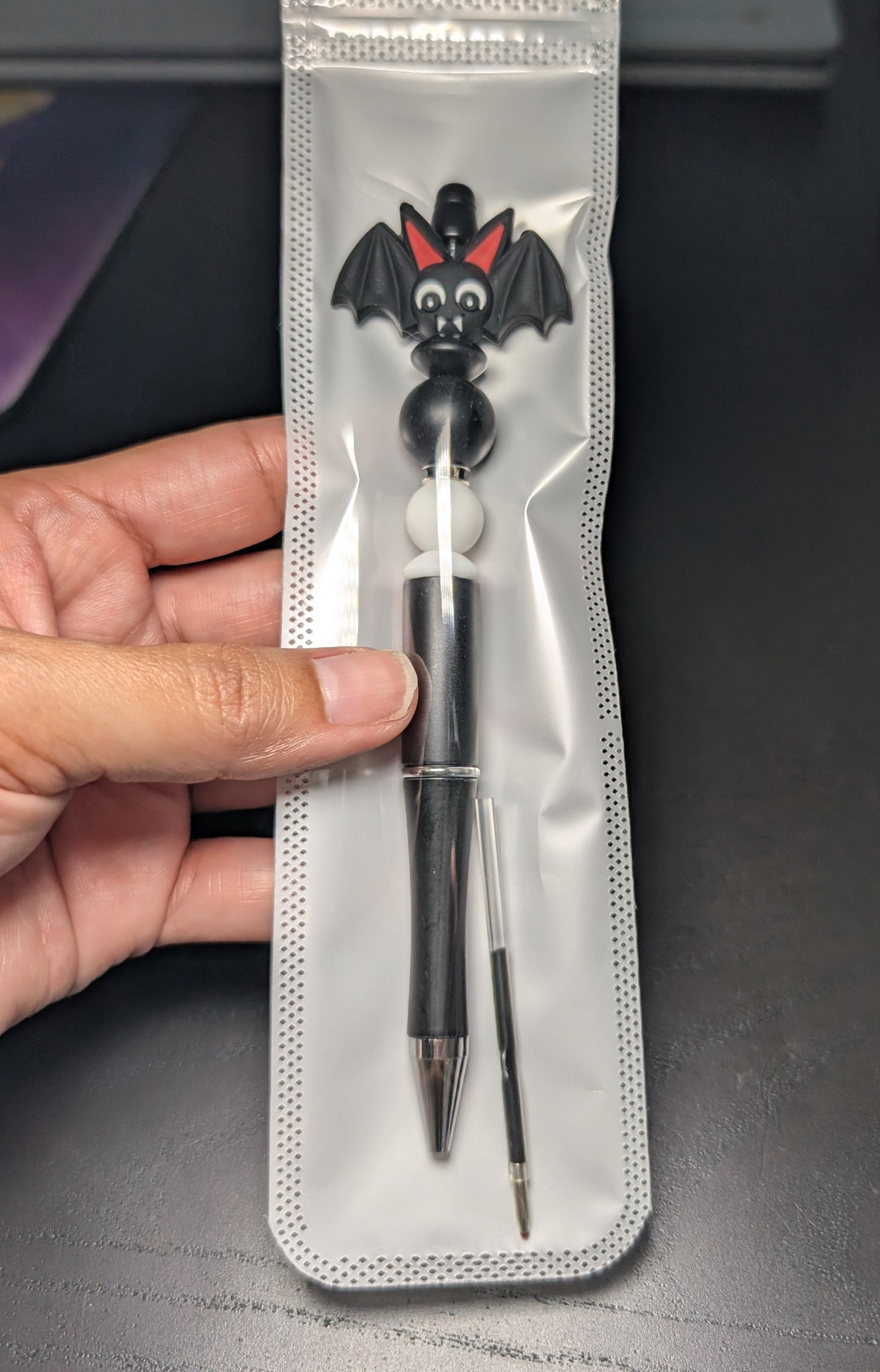 Pen -Bat silicon beaded acrylic pen (black ink)