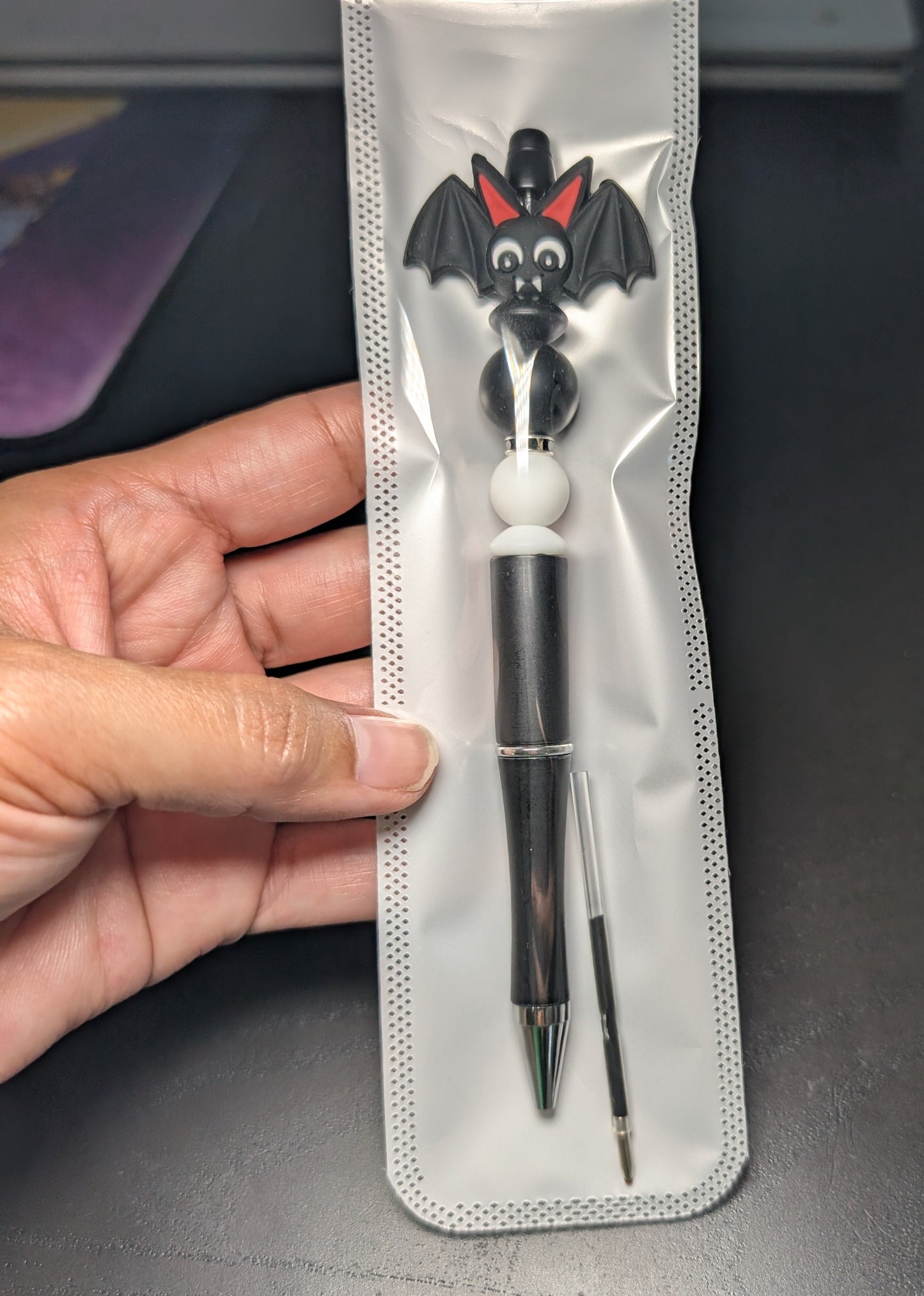 Pen -Bat silicon beaded acrylic pen (black ink)