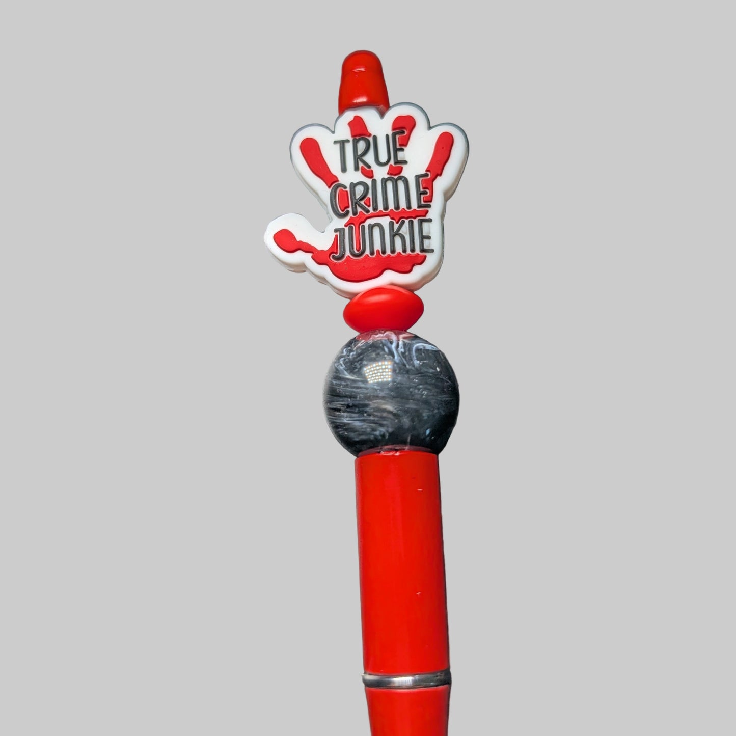 Pen -True Crime Junkie Hand silicon beaded acrylic pen (black ink)
