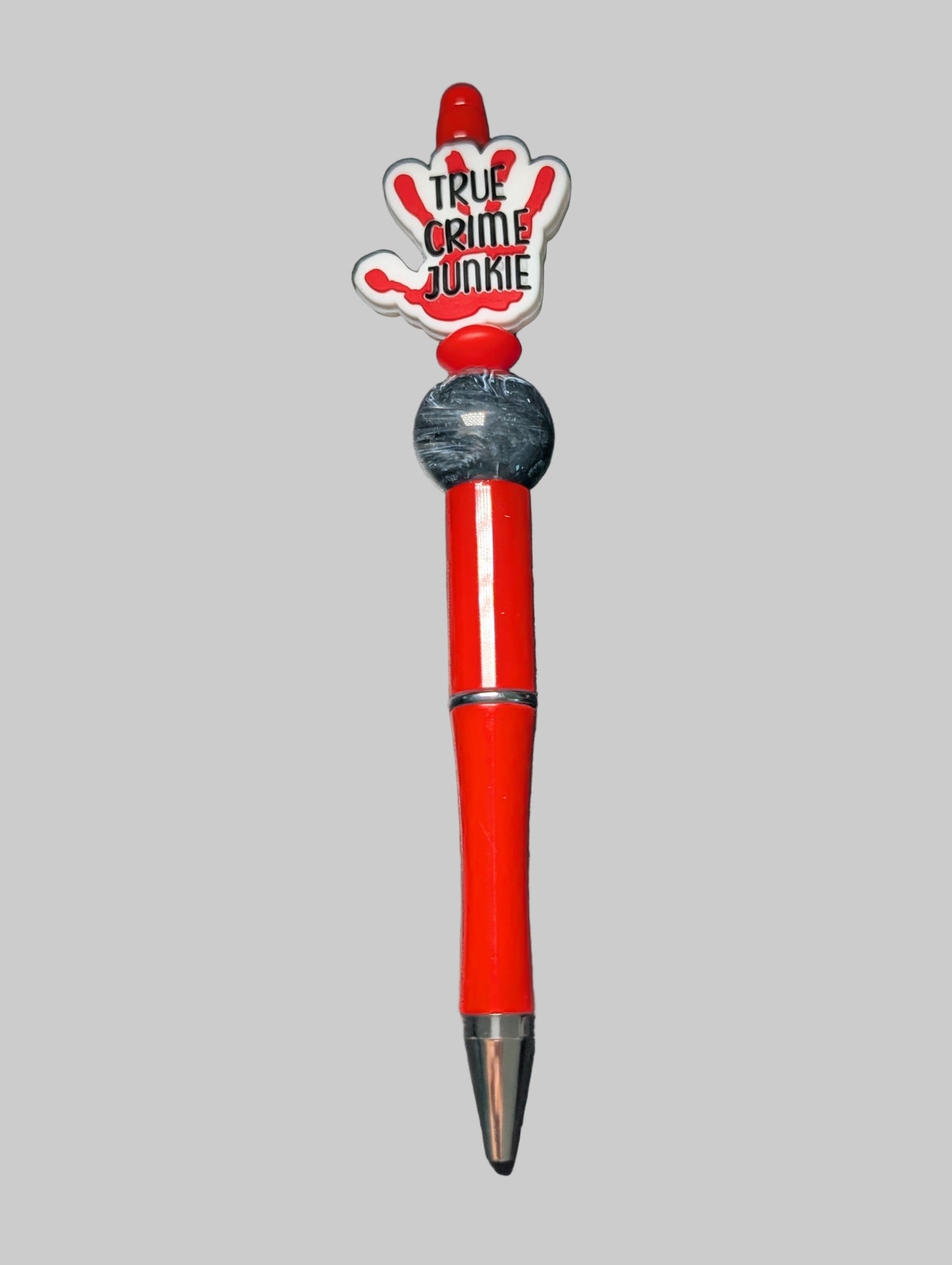 Pen -True Crime Junkie Hand silicon beaded acrylic pen (black ink)