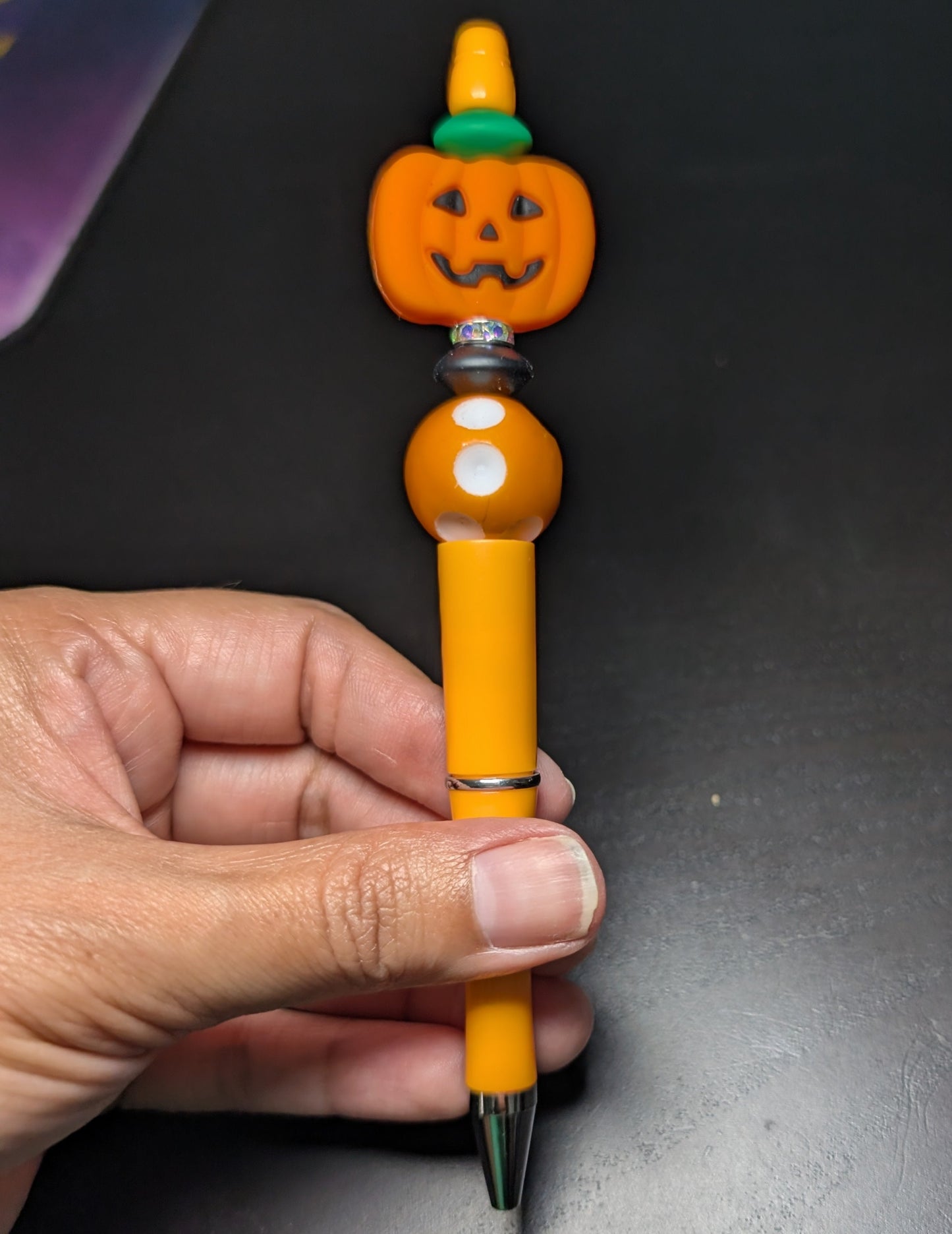 Pen -Pumpkin silicon beaded acrylic pen (black ink)