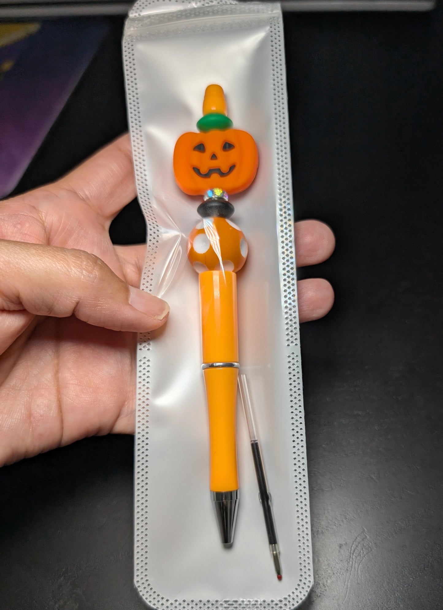 Pen -Pumpkin silicon beaded acrylic pen (black ink)