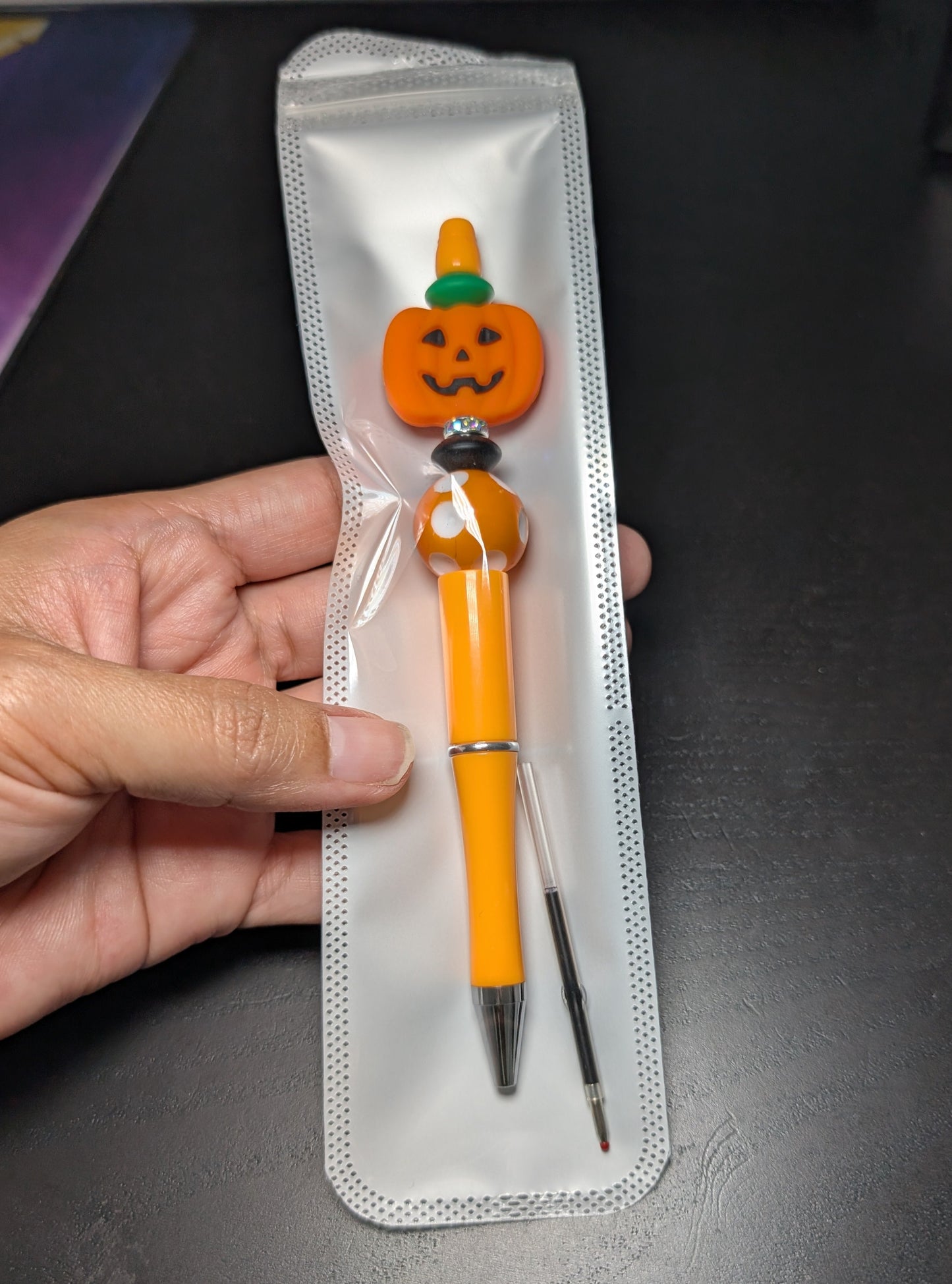 Pen -Pumpkin silicon beaded acrylic pen (black ink)