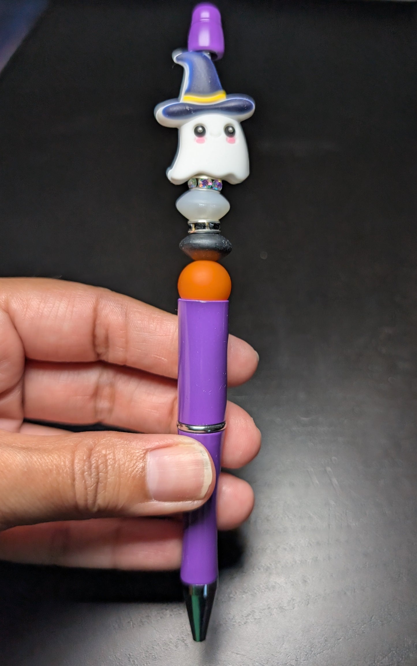 Pen -Ghost with hat silicon beaded acrylic pen (black ink)