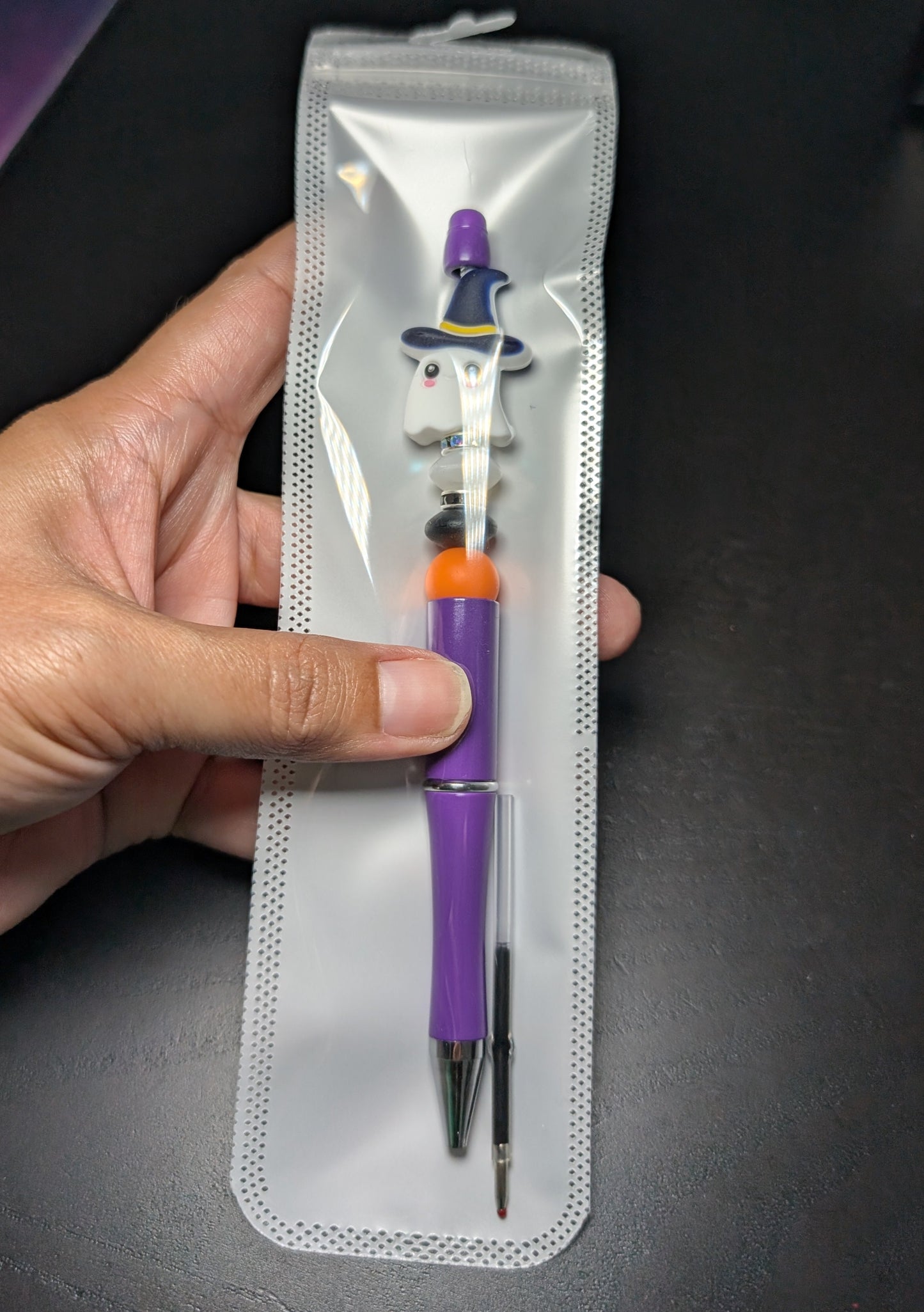 Pen -Ghost with hat silicon beaded acrylic pen (black ink)
