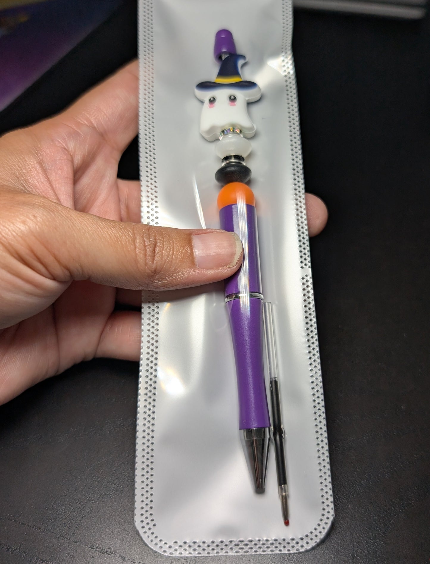 Pen -Ghost with hat silicon beaded acrylic pen (black ink)