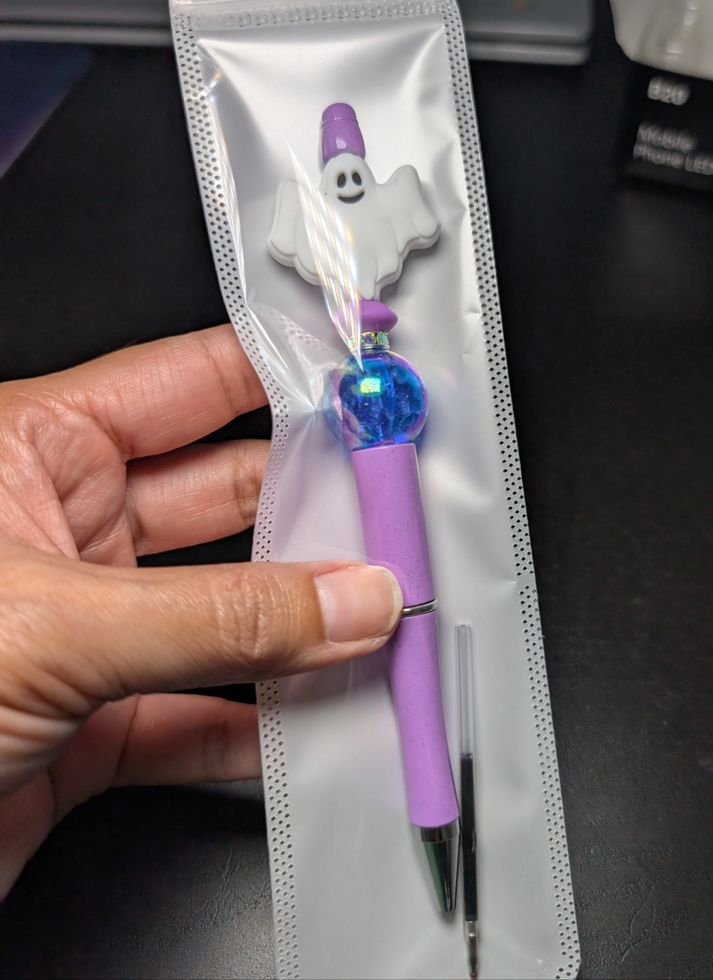 Pen -Ghost silicon beaded acrylic pen (black ink)