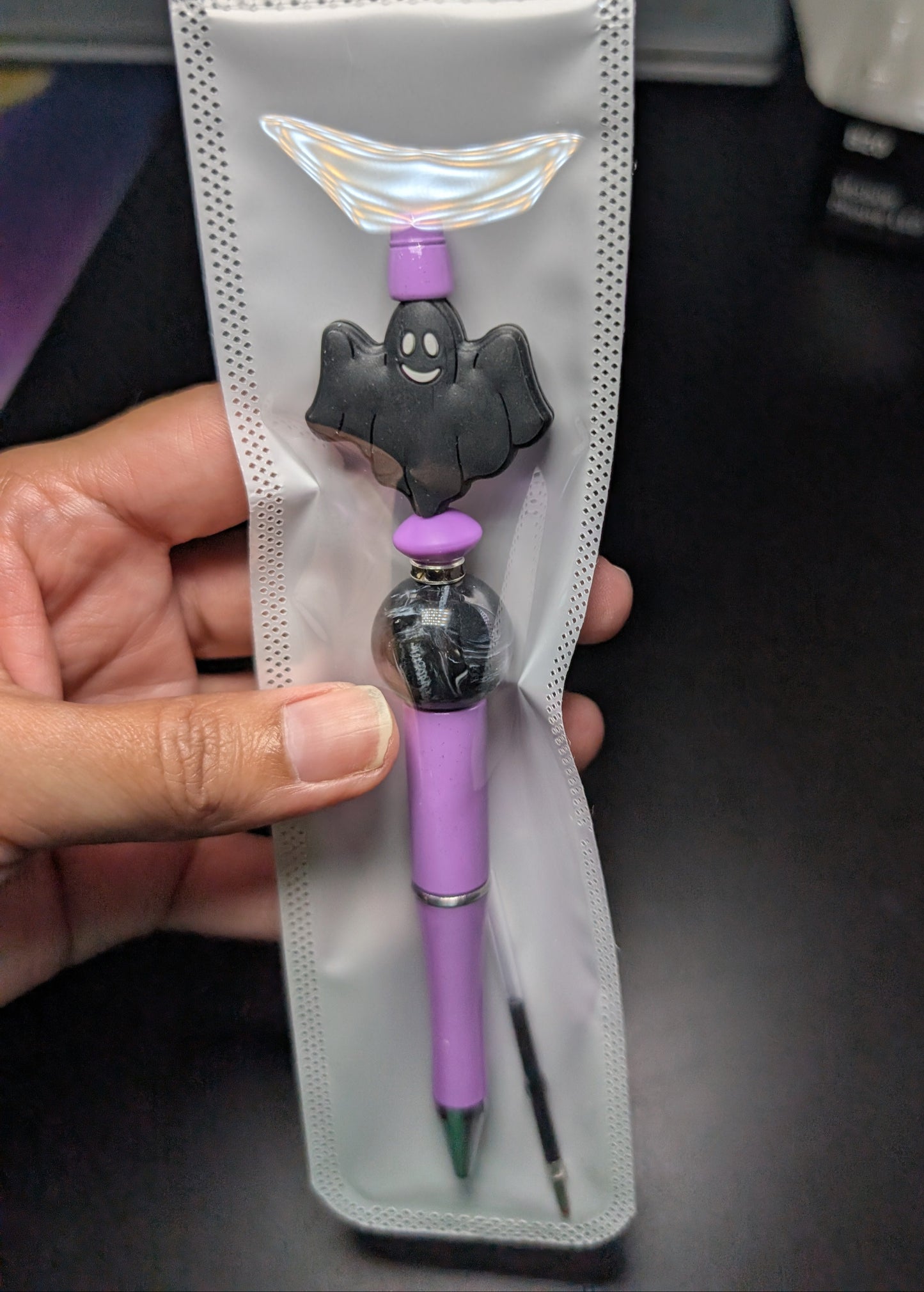 Pen -Ghost silicon beaded acrylic pen (black ink)