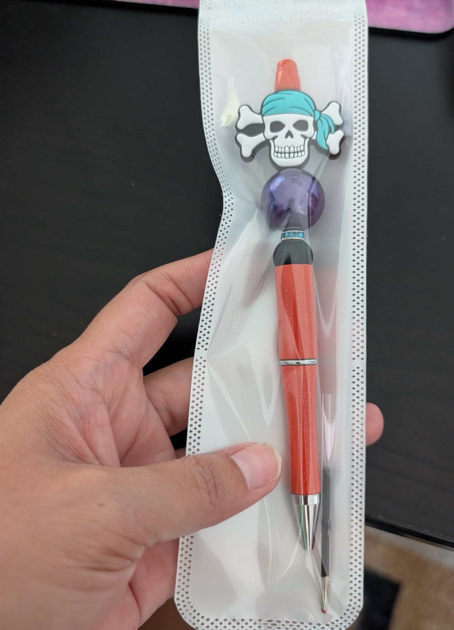 Pen - Bone Skull silicon beaded acrylic pen (black ink)