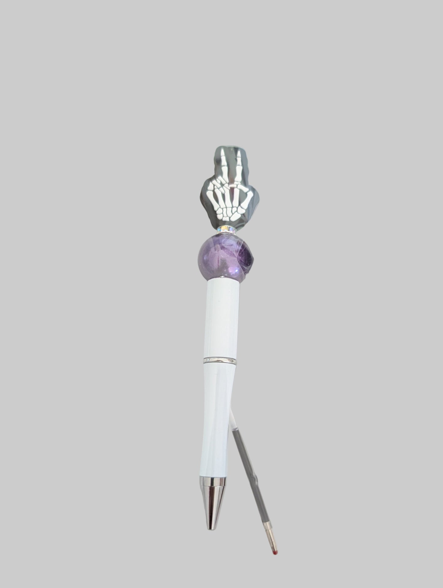 Pen -Peace skeleton hands silicon beaded acrylic pen (black ink)