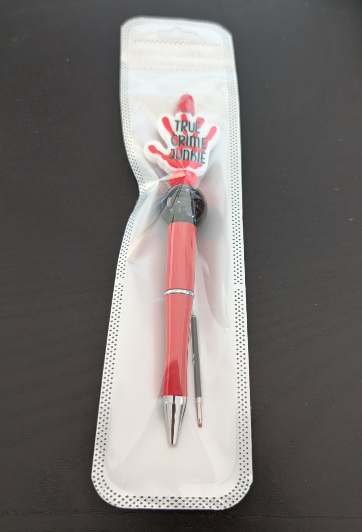 Pen -True Crime Junkie Hand silicon beaded acrylic pen (black ink)