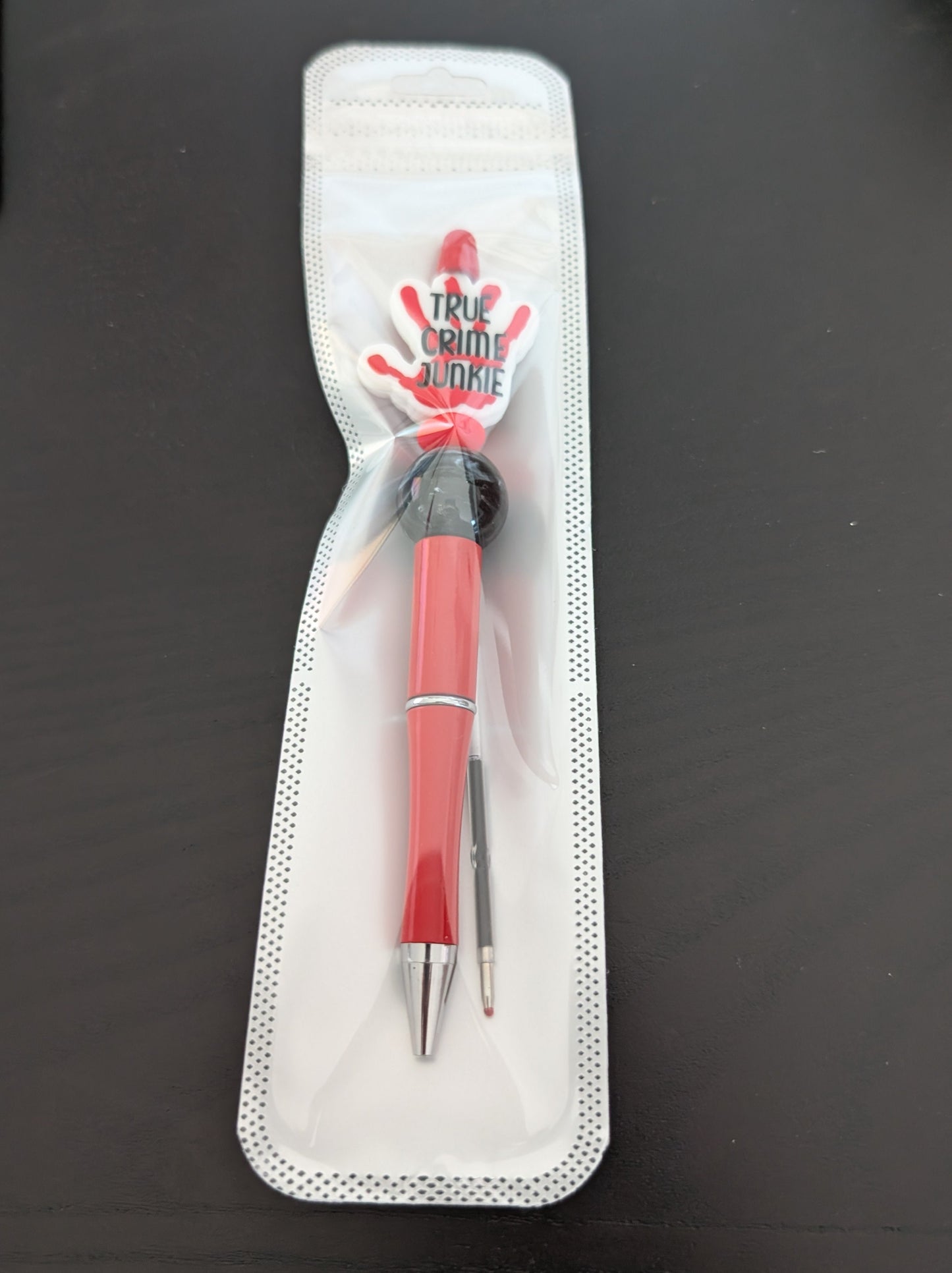 Pen -True Crime Junkie Hand silicon beaded acrylic pen (black ink)