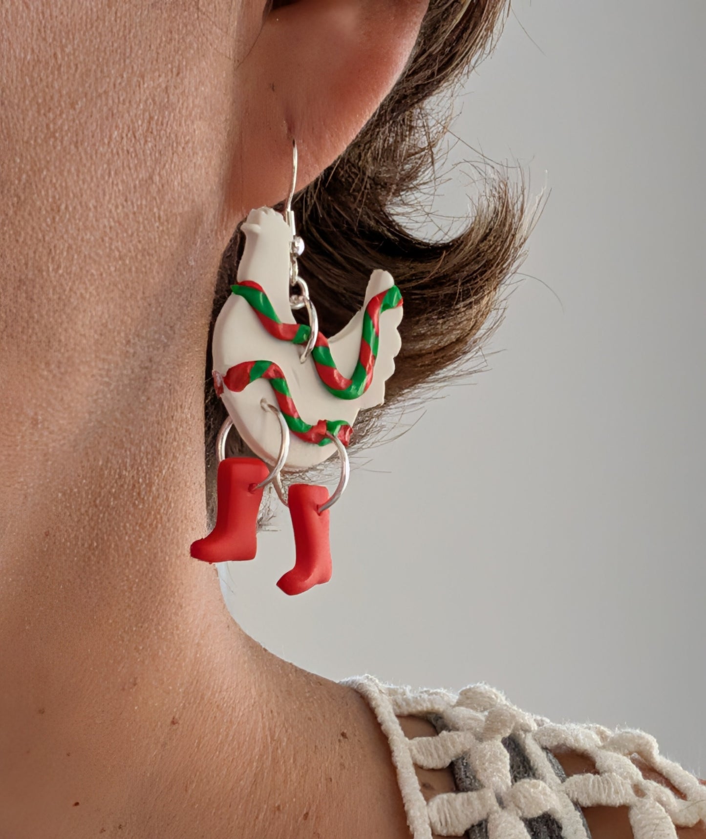 Earrings - Polymer Clay Polymer Clay Chicken with boots on 925 sterling silver hook