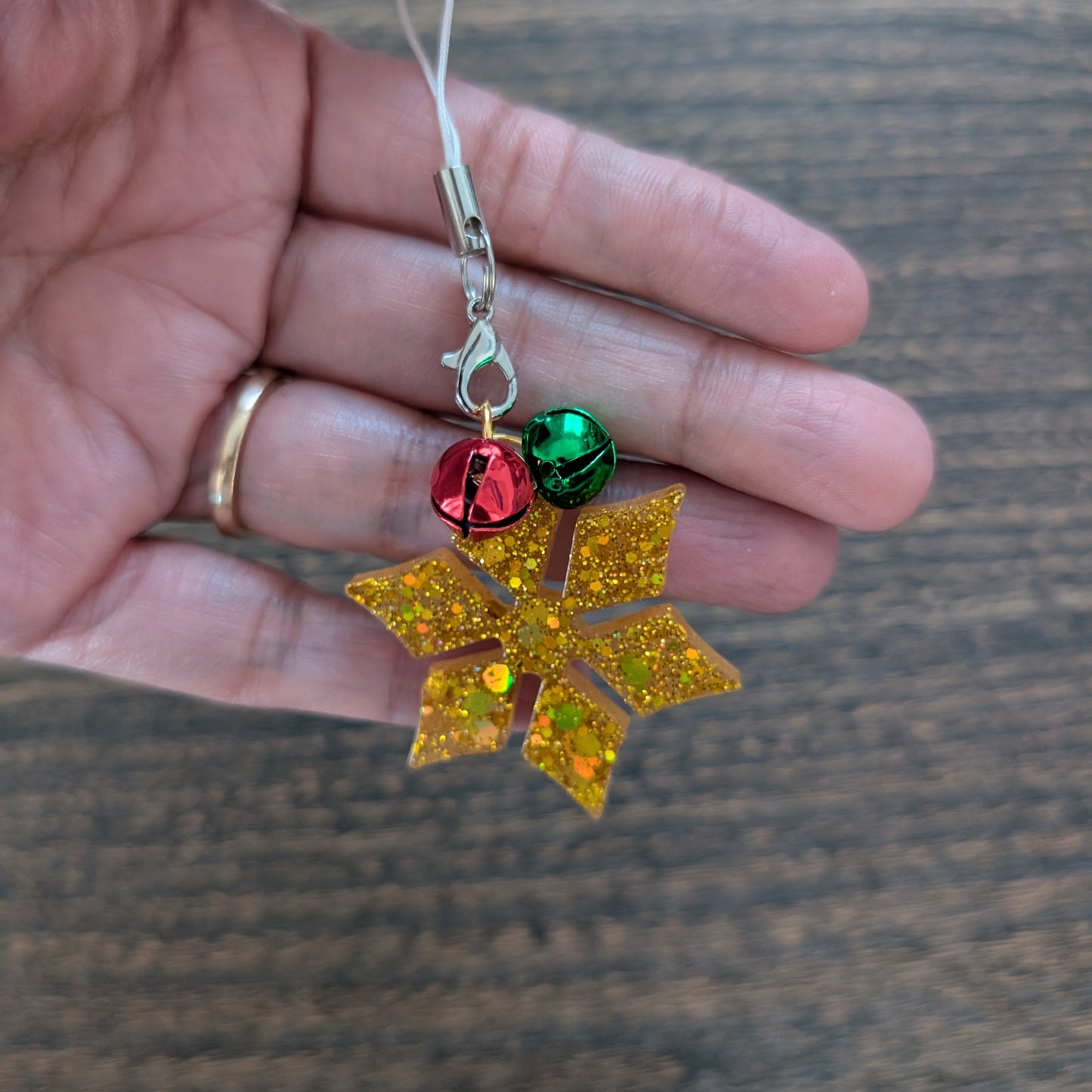 Phone charm - Resin snowflake with jingle bells