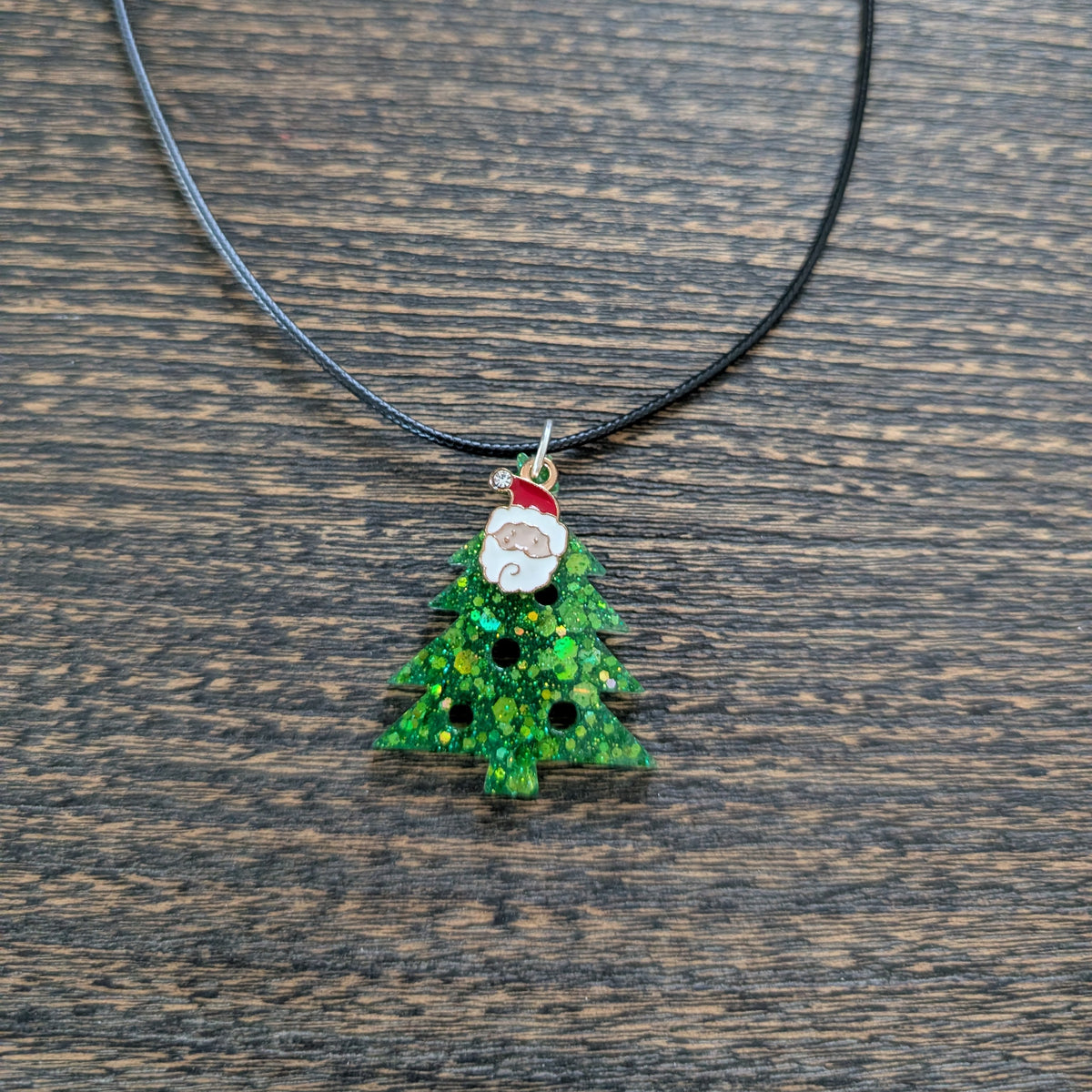 Necklace - 17.5 inches black waxed cord with resin Christmas tree and charm
